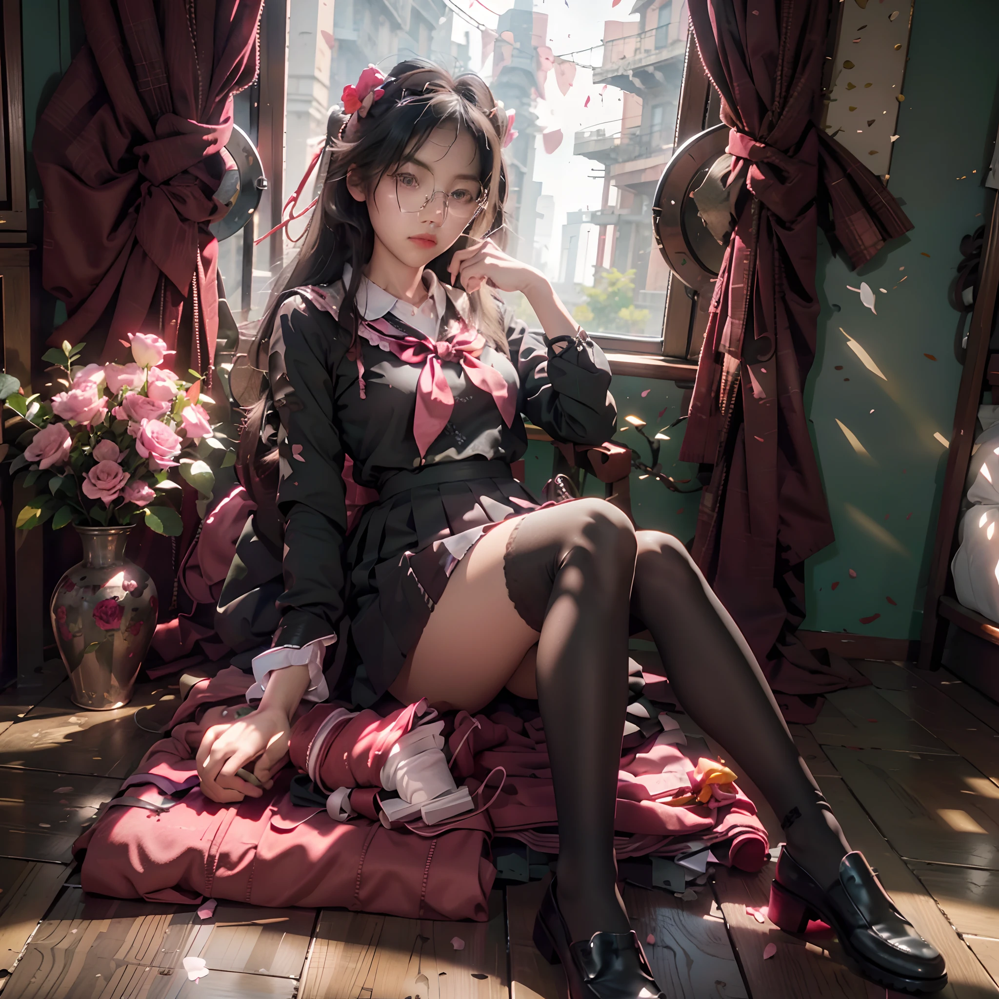 camellia, flower, red_flower, red_rose, rose, katana, 1girl, pink_rose, pink_flower, spider_lily, shoes, long_hair, school_uniform, serafuku, sheath, skirt, solo, sheathed, vase, looking_at_viewer, sitting, orange_flower, pleated_skirt, rose_petals, black_shirt, black_legwear, black_skirt, hibiscus, very_long_hair, parted_lips, loafers, sailor_collar, black_hair, neckerchief