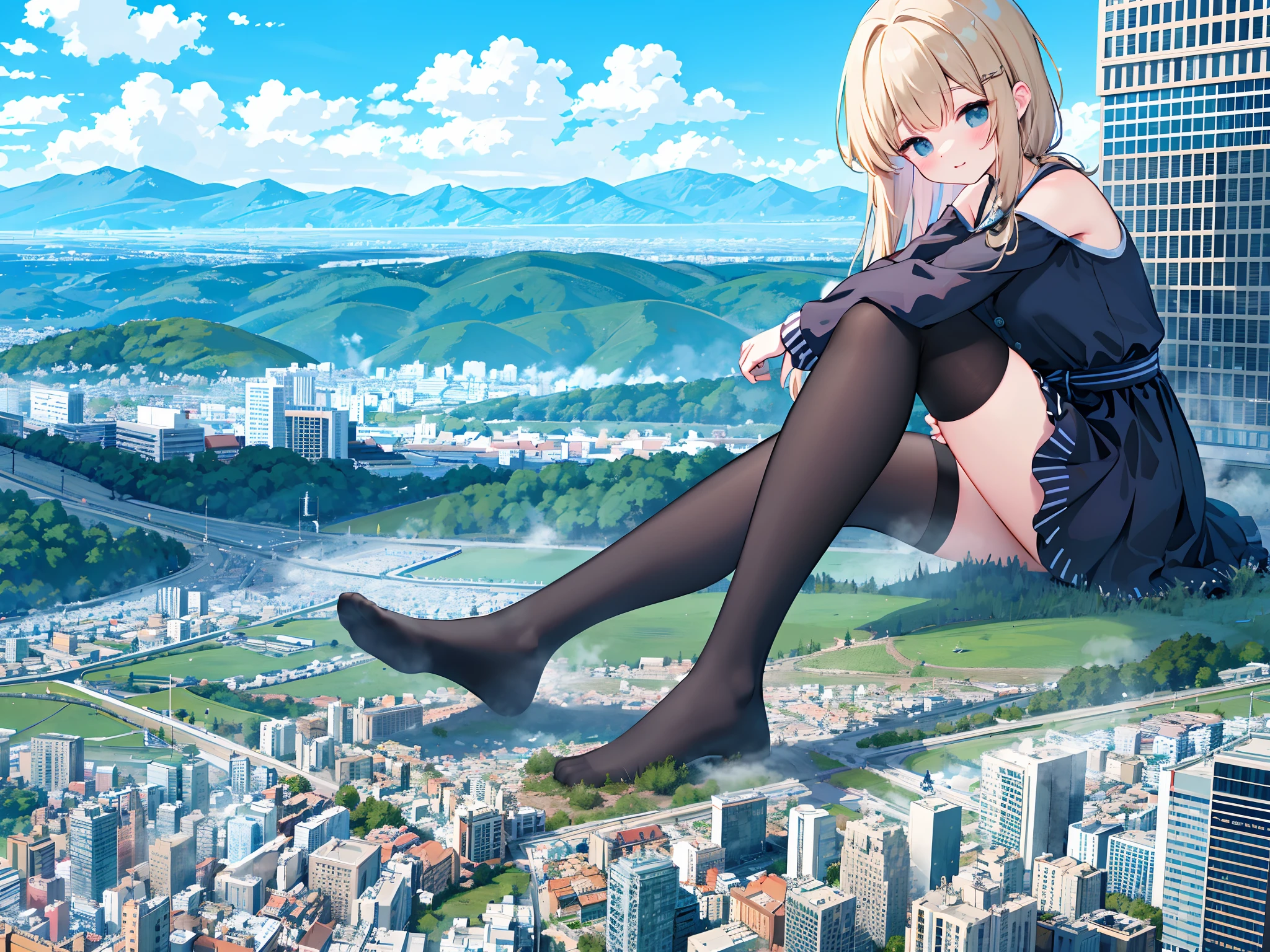 1girll,，Clouds， view over city， mountain ranges， Masterpiece, Best quality, Highly detailed,Masterpiece,Best quality,offcial art,Extremely detailed Cg Unity 8K wallpaper，{{{Giantess}}}，Giant，1girll，{Black stockings}，modern miniature city，A cold expression，Sit on a modern miniature city，Destroyed buildings，looking toward the viewer，The feet emit steam，Smash the city，