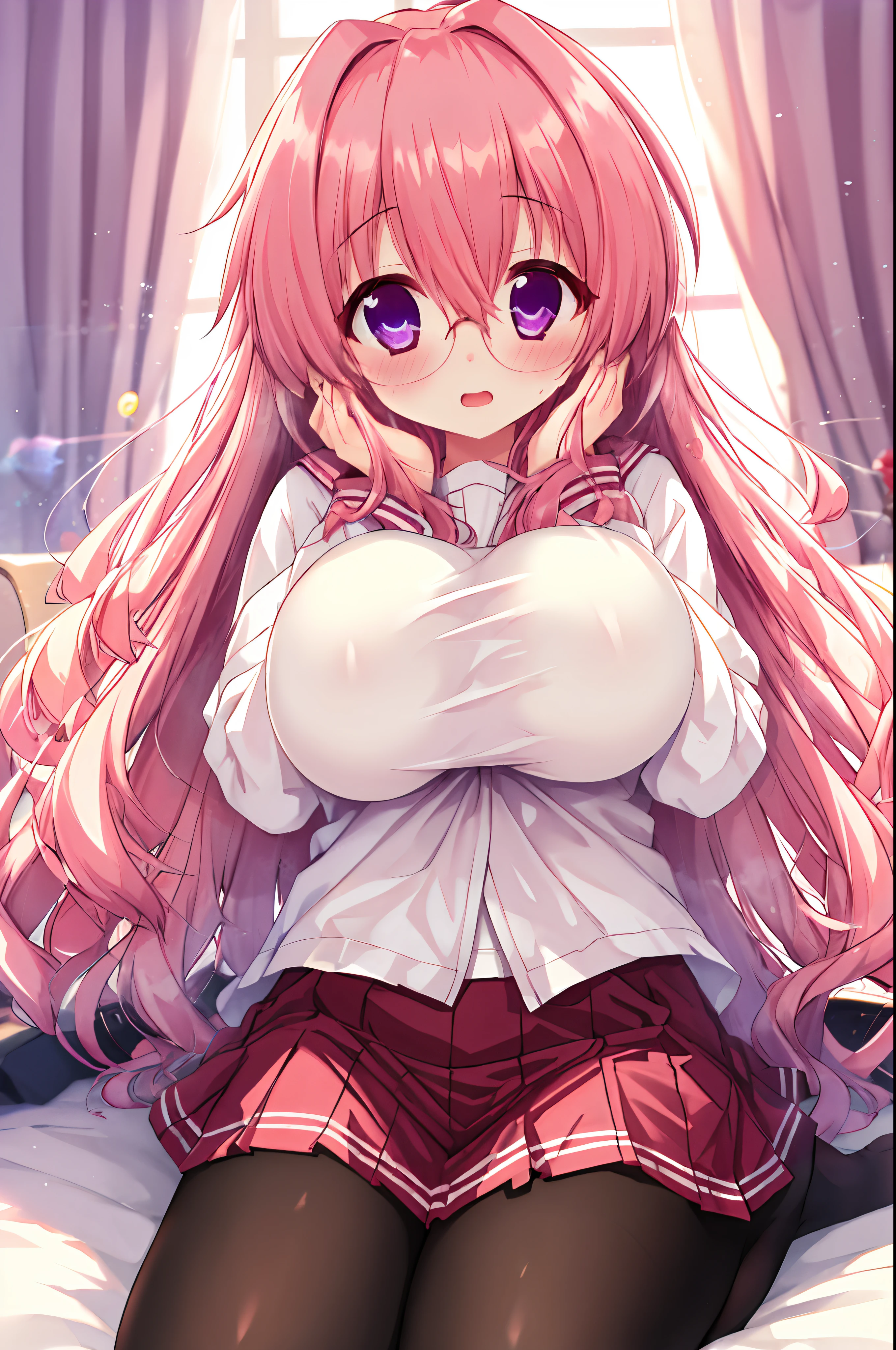 masterpiece, best quality, (1girl:1.2), solo, (medium breasts:1.2), miyuki takara, lucky star, pink hair, long hair, hair between eyes, long thick wavy pink hair, and fair skin with a slight pink tone, glasses, purple eyes, large eyeglasses, ((circle glasses:1.1)), sailor shirt, red skirt, pantyhose, white shirt, classroom, hands on face, embarrassed , blush