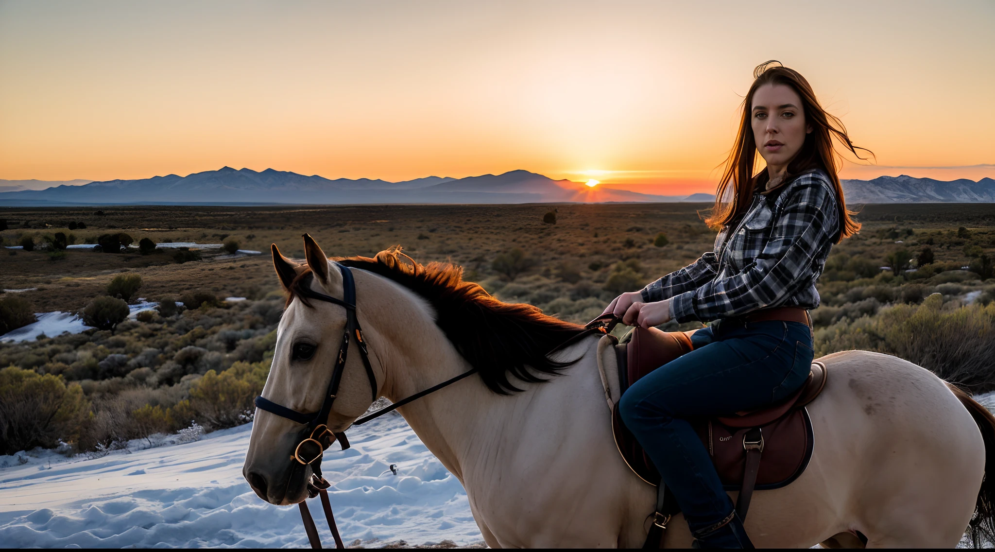 Photo of Angela White ((a character)) (25 years old) | wearing feminine cowboy clothes (jeans outfit, plaid shirt) ((loose and silky hair, piercing blue eyes, skin texture, enigmatic countenance, slender body, divine proportion)) | Riding a Mustang Horse | Alabama Hills Location ((mountain with snow in the background)) | natural light, divine rays, cinematic quality, cinematic frame, cinematic filters, maximum sharpness, sunset tones, vivid colors ((HDR)) ((Arri Alexa 35 8k))