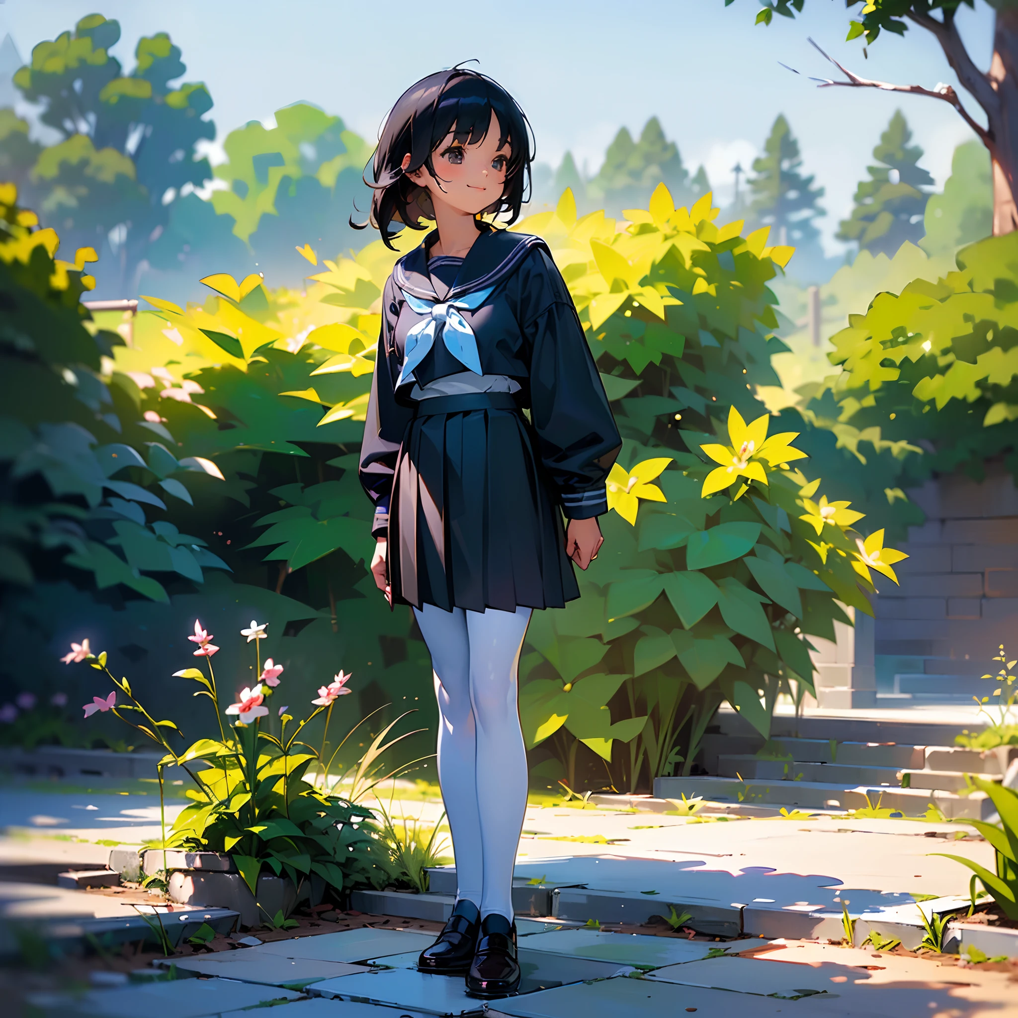 (Best Quality, hight resolution, Ultra-detailed, Realistic:1.37), peaceful ambiance, (plein air, garden), age girl standing alone, Beautiful detailed features, Cute smile, ((Black bob hair)),Navy blue sailor suit, Pleated skirt,White tights,Brown leather shoes.