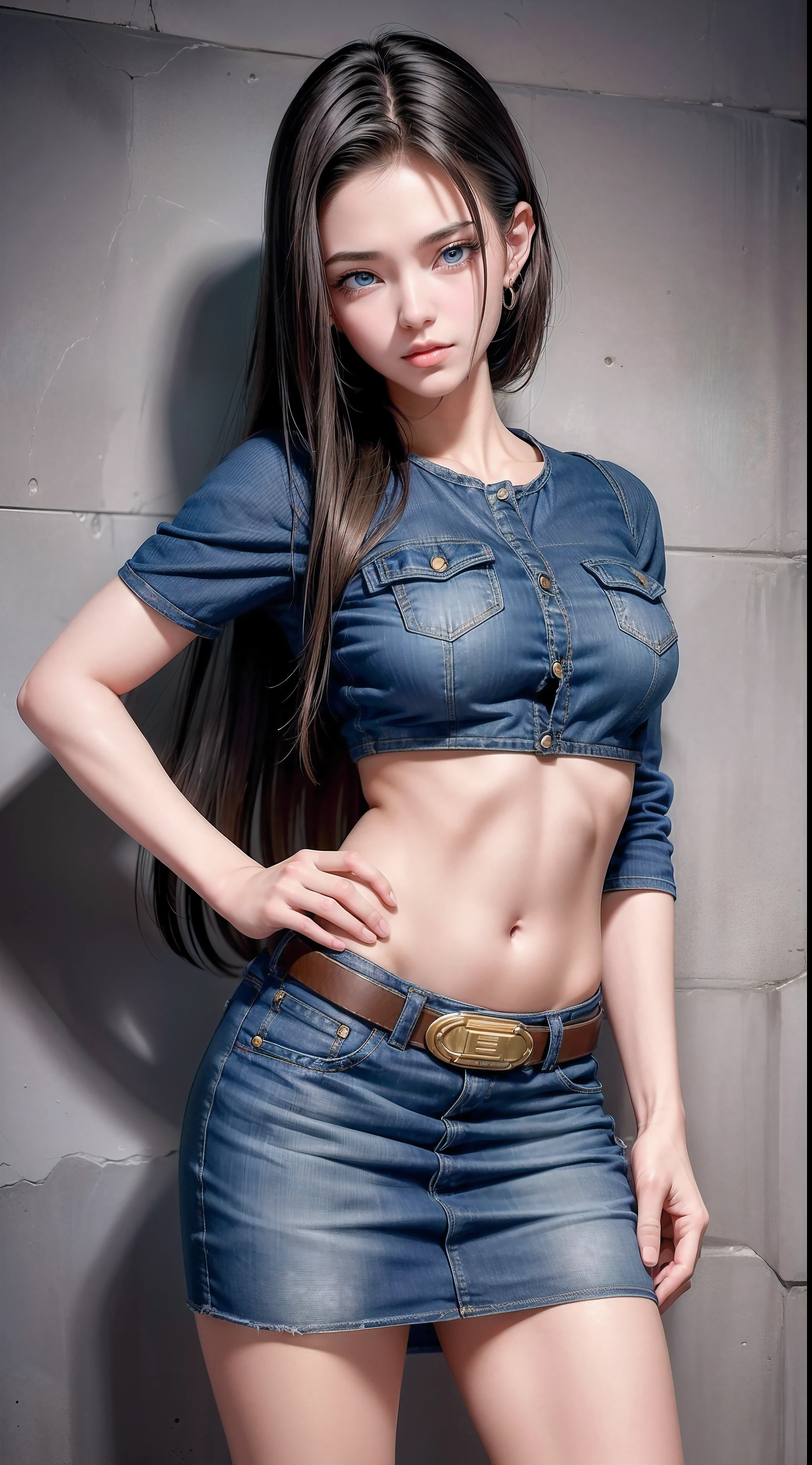 8K, Top Quality, Intricate Details, Ultra Detail, Ultra High Resolution, Masterpiece, close up shot, (full body: 1.1), (()), Slender, Smile, (Makeup: 0.4), ), (Fluffy Eyes: 1.21), (((( )))), 1girl, solo, 1 girl, ((blue hair, (long hair), (bangs), bangs,, , blue eyes,)), close up shot, , ((tall)), (((fit body))), (((slim face))), sharp face, ((, open denim mini vest, mini vest),(Open the bottom zipper:1.5), (, skin tight short pants, ,)), (detailed face), sharp face, small lips, (( )), walking pose, walk pose, wind blow, strong wind, wind blow hair, wind blow cape,
((,)), , ((,)), detailed face, detailed breast, detailed breast, detailed nipple , ((large breast, huge breast)), detail ass, Narrow Waist, Skinny, slim tall , 195 cm tall, Muscular, Navel, Exposed Abdomen, Pointed Chest,, Beautiful girl with accentuated slender abs: 1.4, Six Pack Abs: 1.4, Bust Botox, Big, Perfect Body, detail leg, (( dark background)), black background,