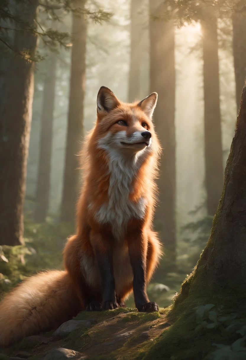 There is a painting of a man and a fox in the forest, arte de fantasia peluda, fantasia raposa amor, Beeple e Jeremias Ketner, arte peluda muito bonita, Cyril Rolando e Goro Fujita, Directed by: Ryan Yee, Artgerm e Atey Ghailan, anime exuberante john 8k madeiras, anthropomorphic furry art