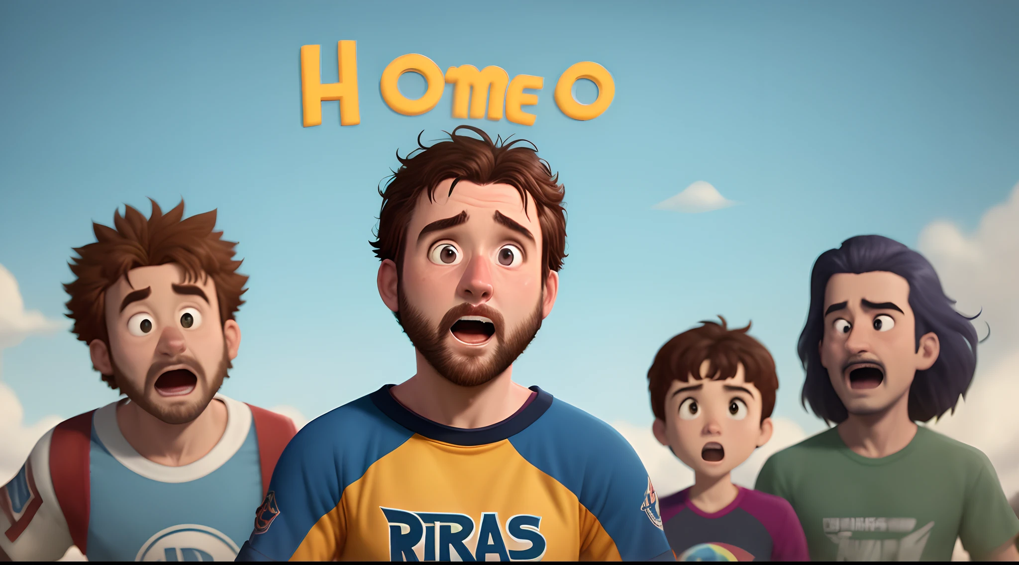 Crie uma capa de filme da Pixar com um homem de 40 anos de idade com cabelo cinza e topete gritando gol.
