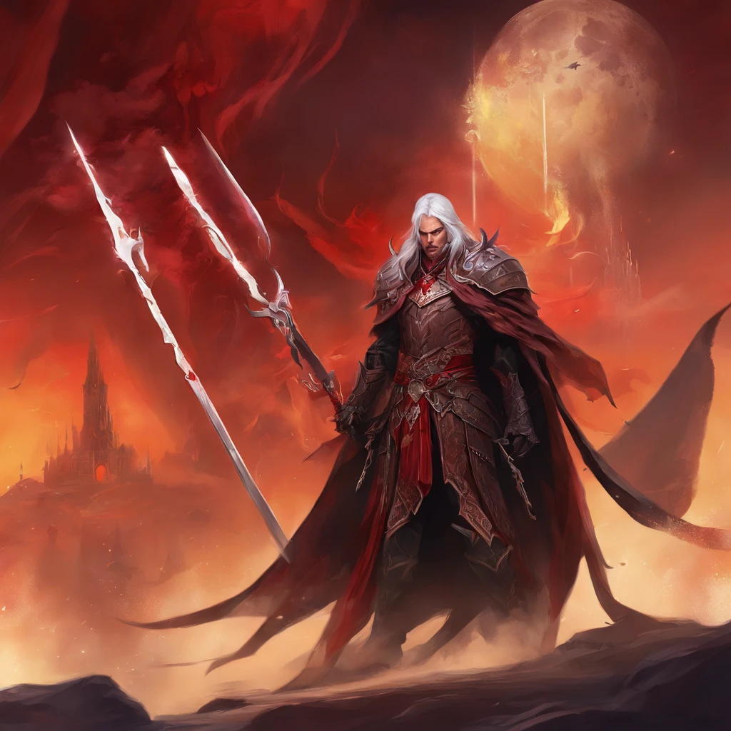 um close up de uma pessoa com uma espada em um campo, epic fantasy character art, arte do personagem de fantasia, epic exquisite character art, arte de estilo fantasia escura, cavaleiro de sangue, Arte de fantasia 4k, Elric de Melnibone, epic fantasy art, arte de fantasia digital 2d, arte de fantasia de alta qualidade, dramatic fantasy art, design de personagens de fantasia sombria 8k，melhor qualidade, master part, alta resolução, A white-haired man with chains around his neck and a bloodied face, male vampire of clan banu haqim, Marduk, Bloody + arte conceitual, Dagoth seu, arte conceitual de deus, estilo Gerald Brom, necromante masculino, Sangue para o Deus do Sangue, Caronte, o barqueiro de Hades, Deus masculino bonito da morte