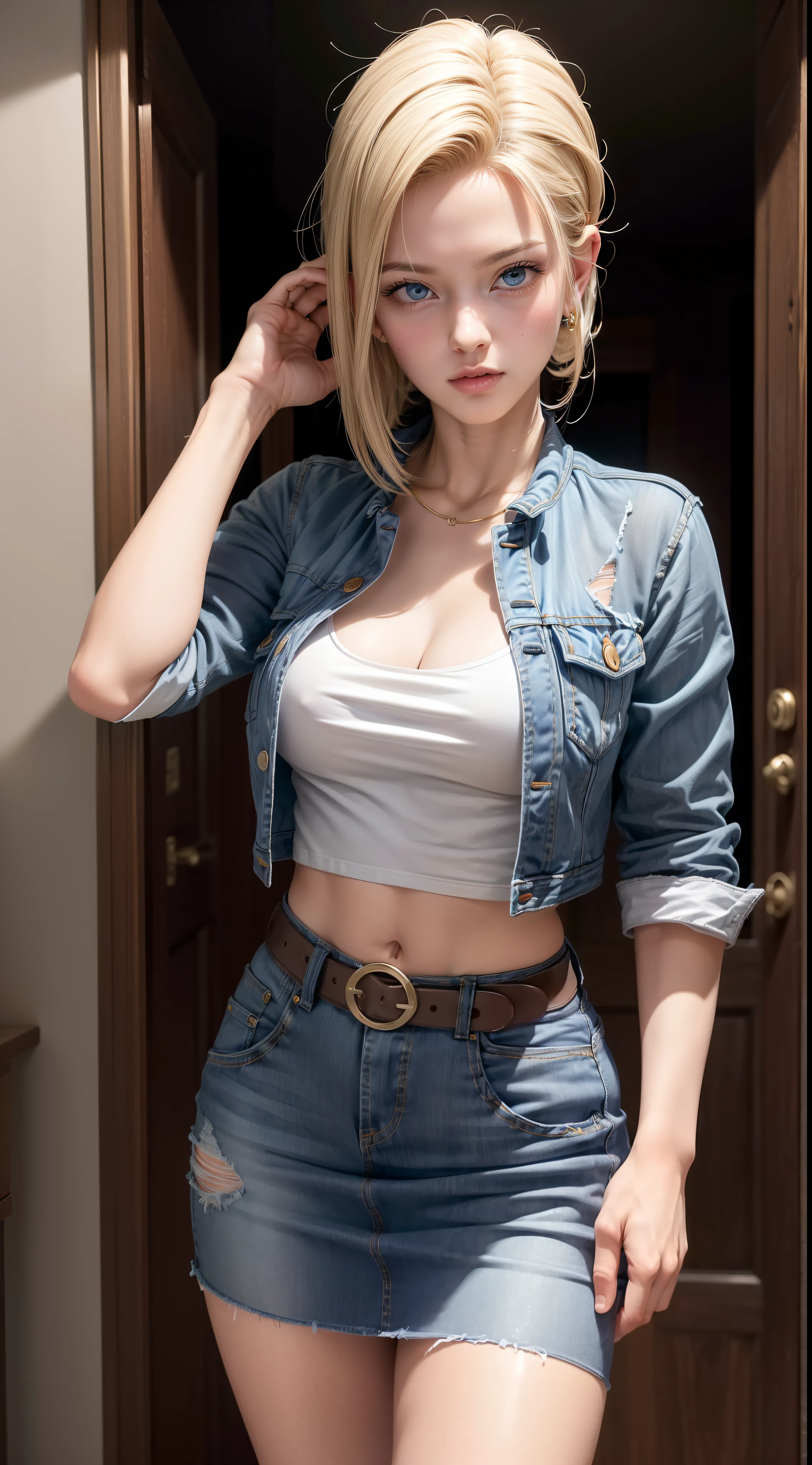 realistic, 1 women, best quality, 12k, HD, long hair, big round breasts, cleavage, ponytail, necklace, jewelry, shorts, short jacket, slim hips, hair tie, yellow eyes, black hair, super detailed, Eye details, hair details, person details, mouth details, face details, breast details, clothes details, hair details, pants details, hand details, whole body