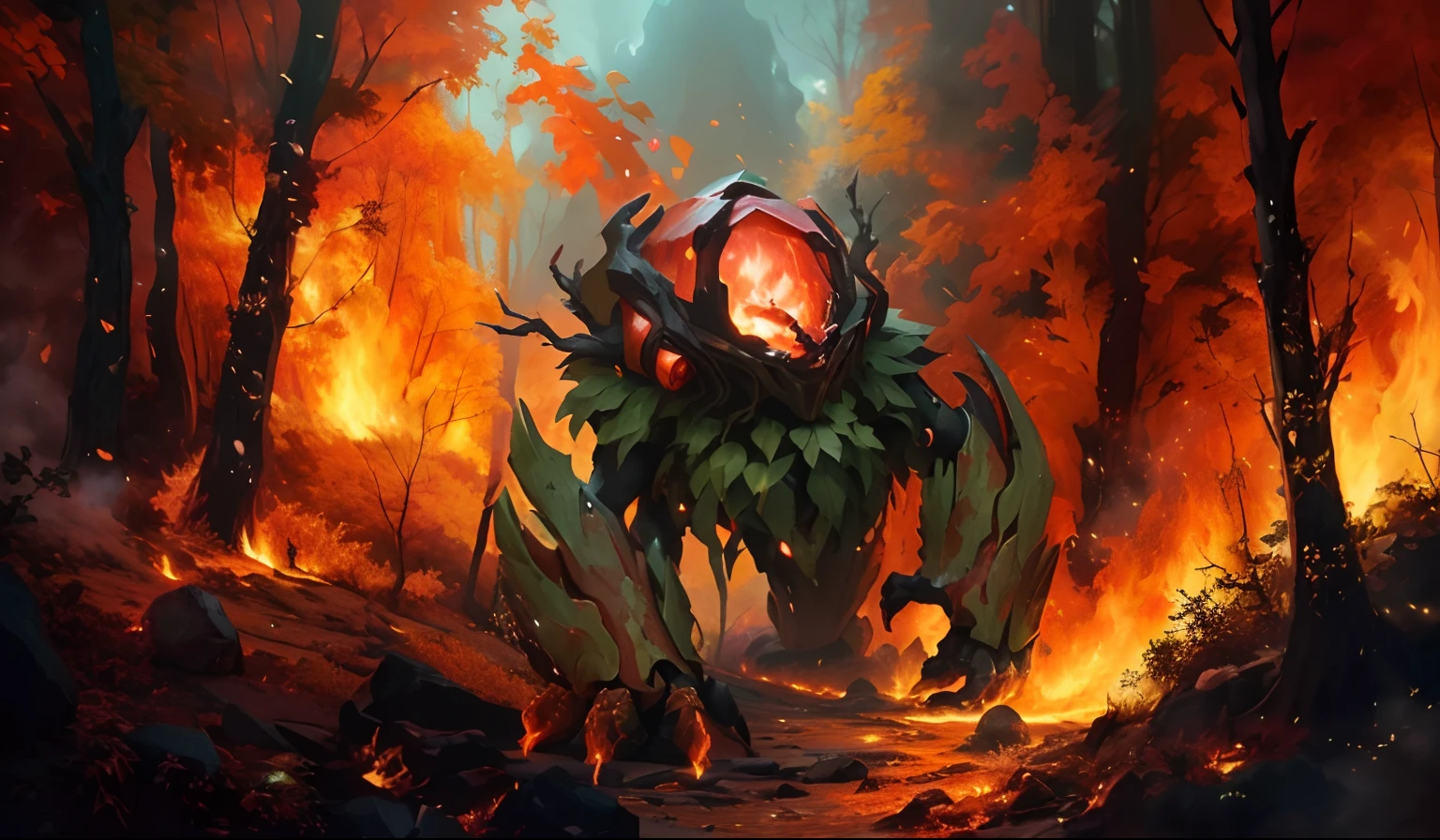 There's a painting of a giant monster in the forest, Criatura de Golem de Fogo, fogo elementar, queimando o crescimento excessivo, Giygas, cacodemon, Treant, arte oficial, floresta em chamas, hermit crab titan, esfera preta de fogo, the forest is on fire, hot maw detalhado, arte conceitual dota 2, z'gok. 8 k hd resolution