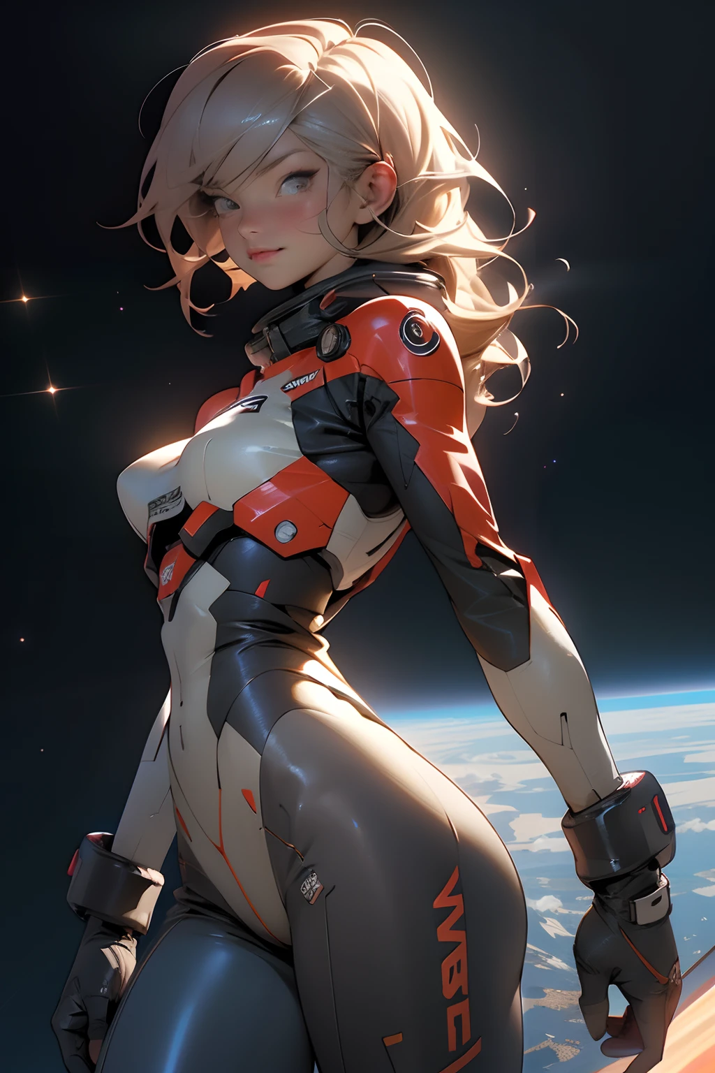 rear view, backside view, sandy hair, fit body, large breasts, slender thighs, slender waist, pilot suit, solo, looking away from the viewer, not looking at viewer, in space, long hair, blushing, slight smile, 8k, extreme detail, sharp detail on face, beautiful face,