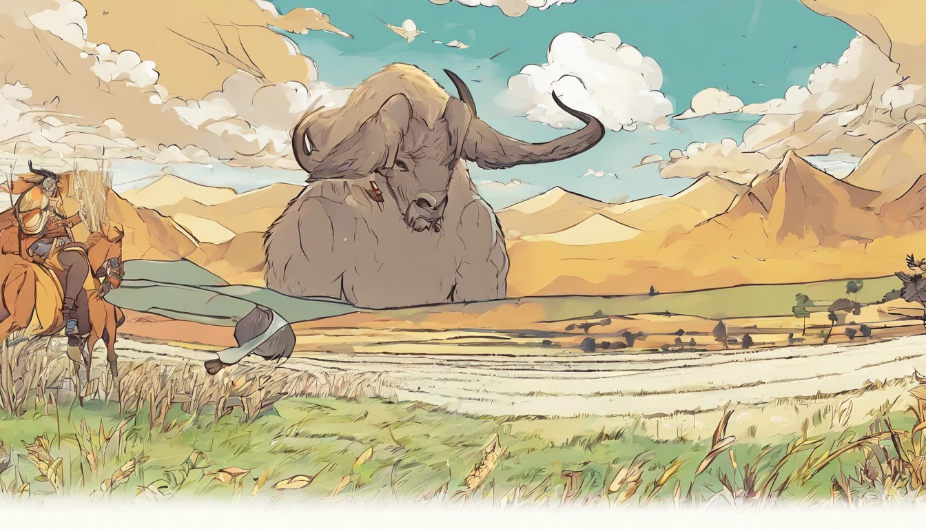 There is a ruin in the distance,A large group pitch black(Minotaur:1.5)The enemy stands on a wheat field,5 Minotaurs and golden tomahawks,Terrifying,Sense of oppression,Medieval landscape,Fantastical,4K,best qualtiy,primitive,((Ultra-detailed and high-precision details)),Power Hero & Magic 3,Fantastical,The background is ordinary,paths,grassy fields,the trees,wheat field,snow mountains,The scene is impressive,