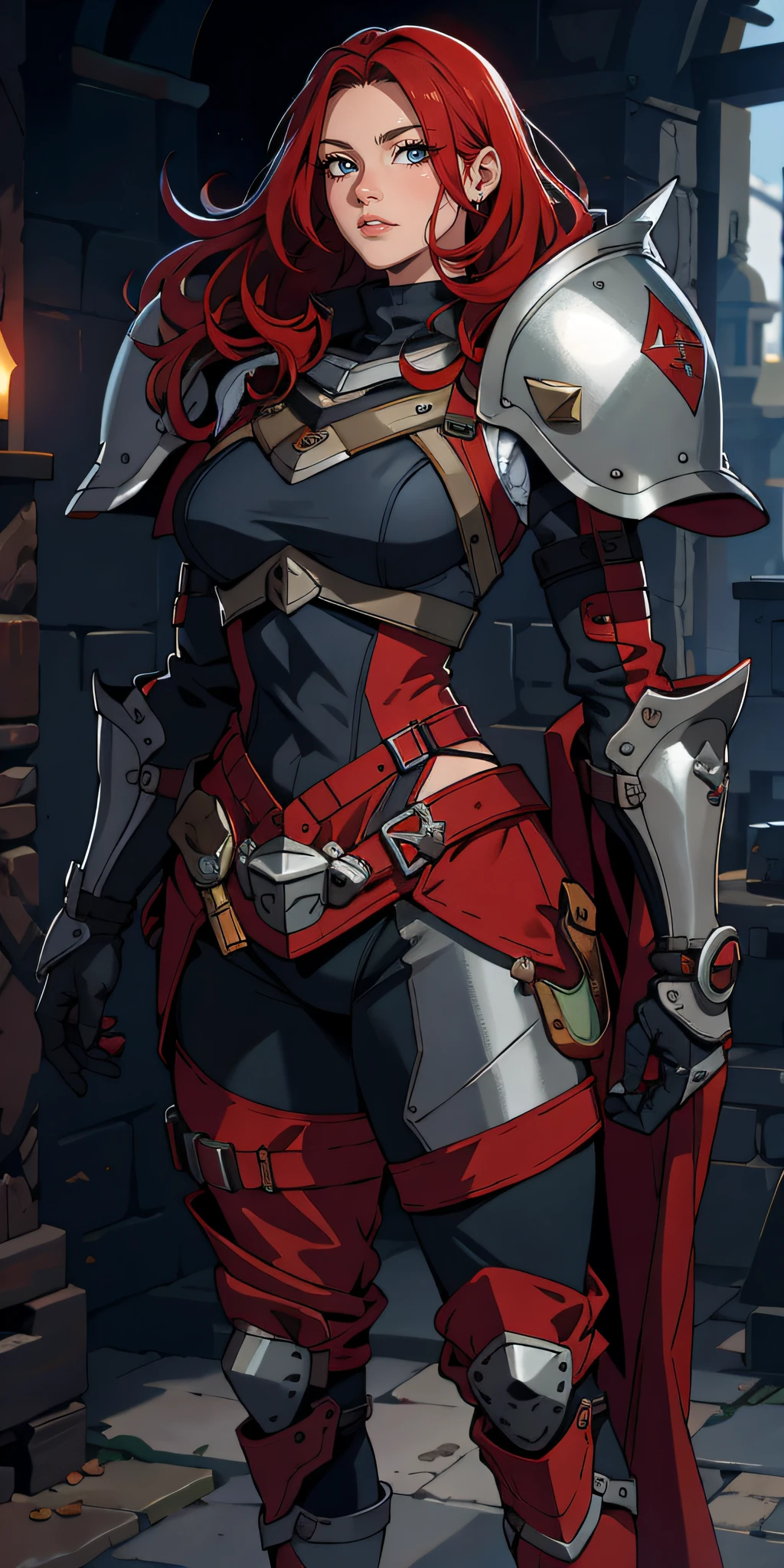 Medieval female warrior (Billie Eilish face), beautiful young face, kunoichi armor(black and red), athletic physique, big round breasts, tight bust, exposed thighs, round Buttocks, round ass, long black hair tied, light blue eyes, freckles on her face, cameltoe, destroyed village, night time