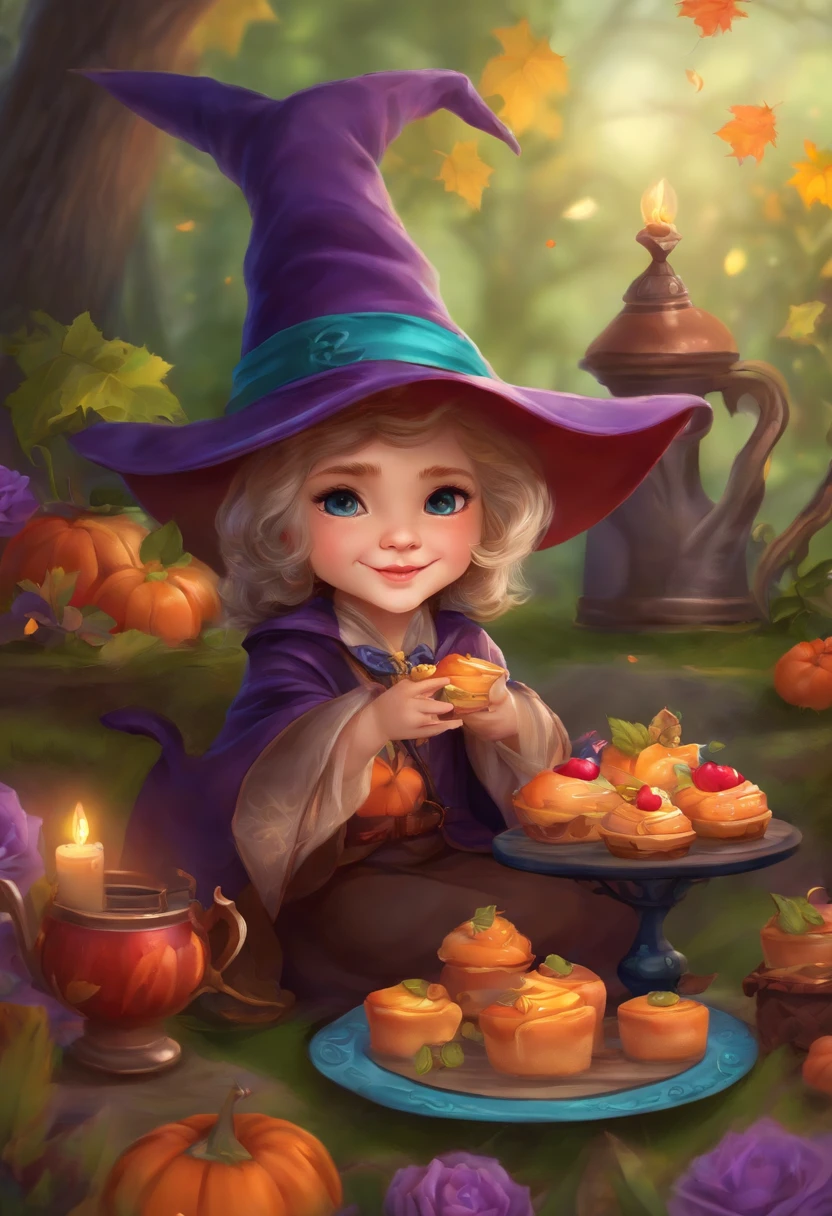 Masterpiece, best quality, chibi, wizard tea party, handsome male witch, beautiful witch, happy, vibrant, colorful