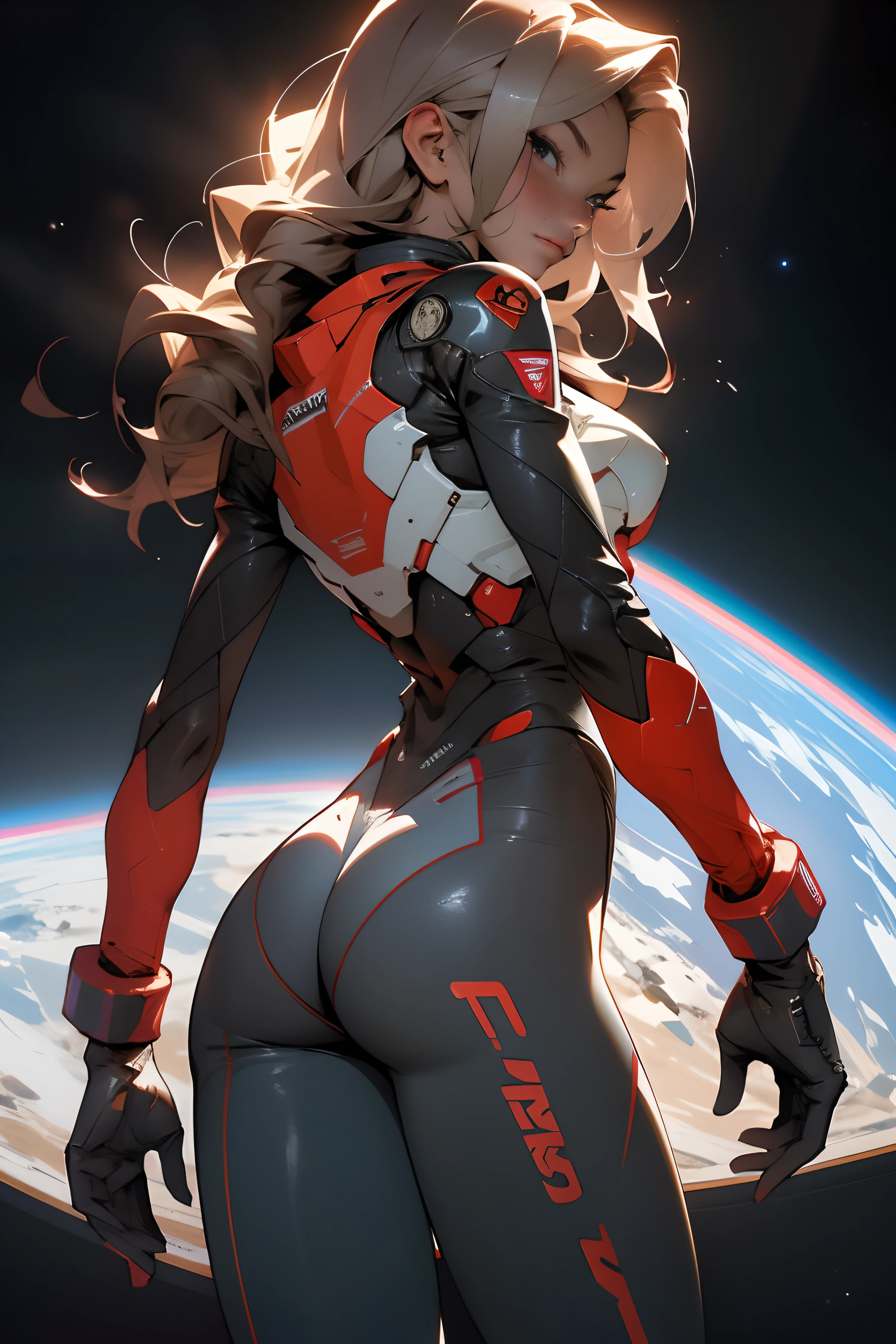 rear view, backside view, sandy hair, fit body, large breasts, slender thighs, slender waist, pilot suit, solo, looking away from the viewer, not looking at viewer, in space, long hair, blushing, slight smile, 8k, extreme detail, sharp detail on face, beautiful face,