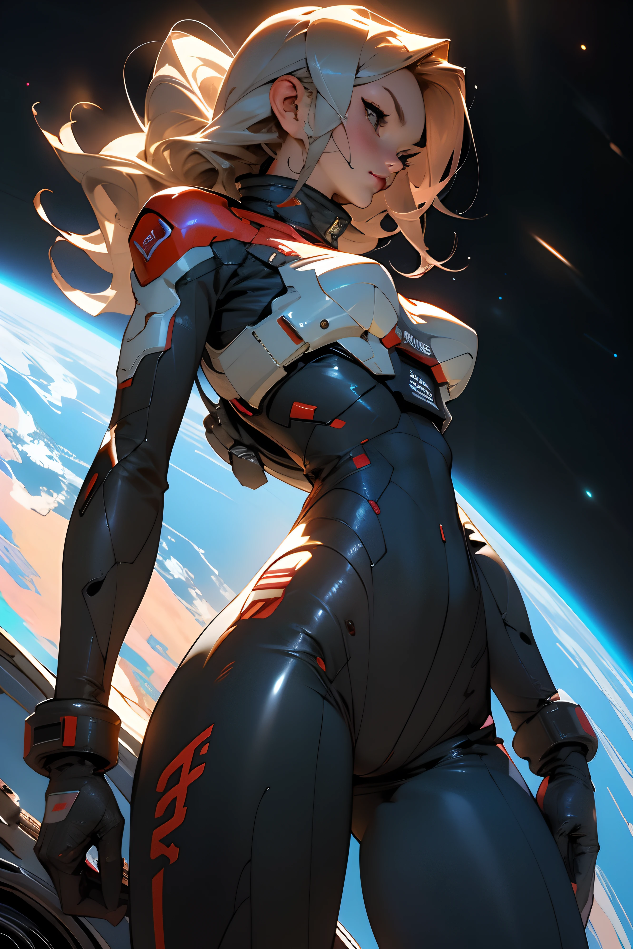 rear view, backside view, sandy hair, fit body, large breasts, slender thighs, slender waist, pilot suit, solo, looking away from the viewer, not looking at viewer, in space, long hair, blushing, slight smile, 8k, extreme detail, sharp detail on face, beautiful face,