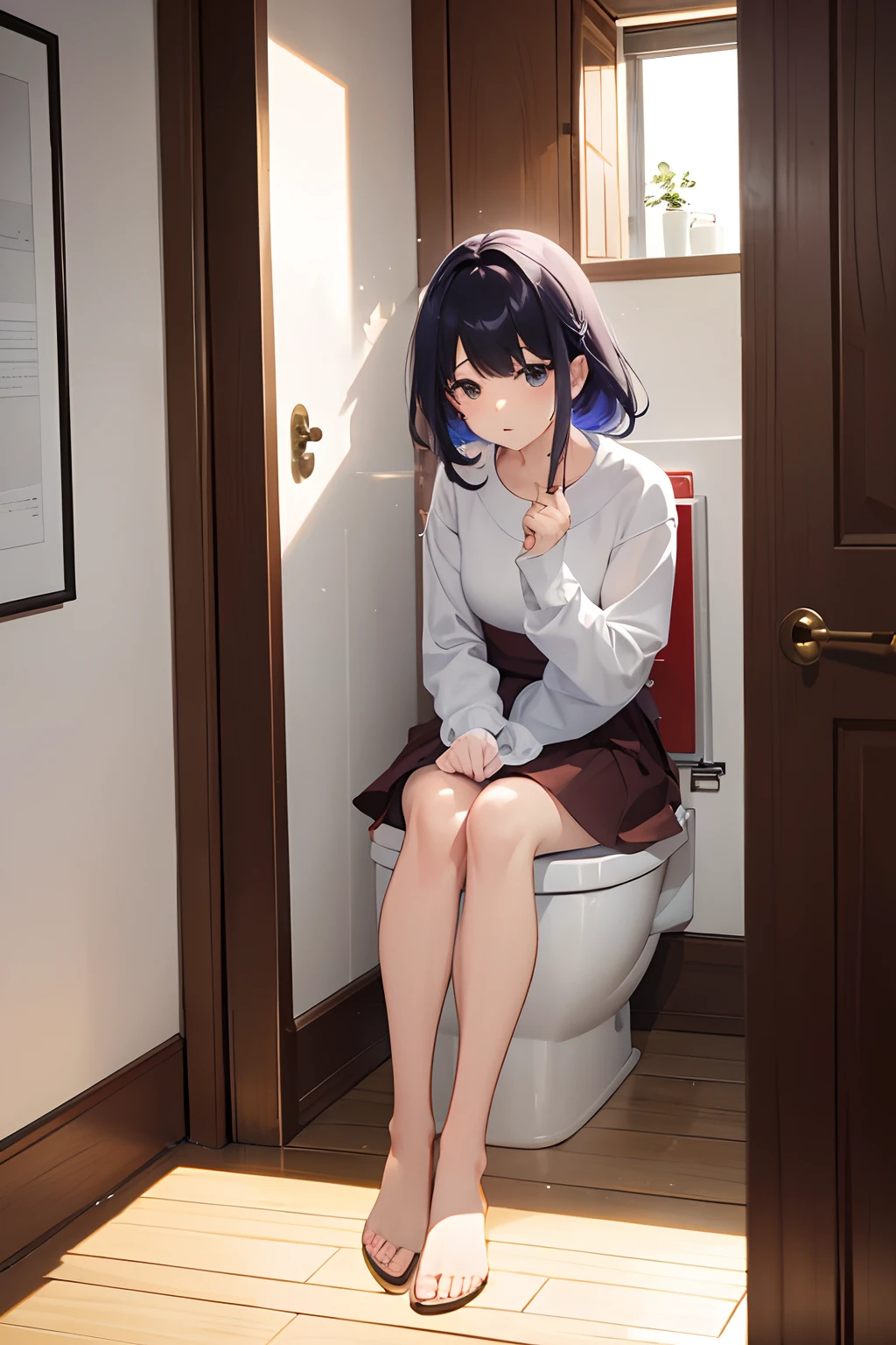 1girl, long black hair, at toilet