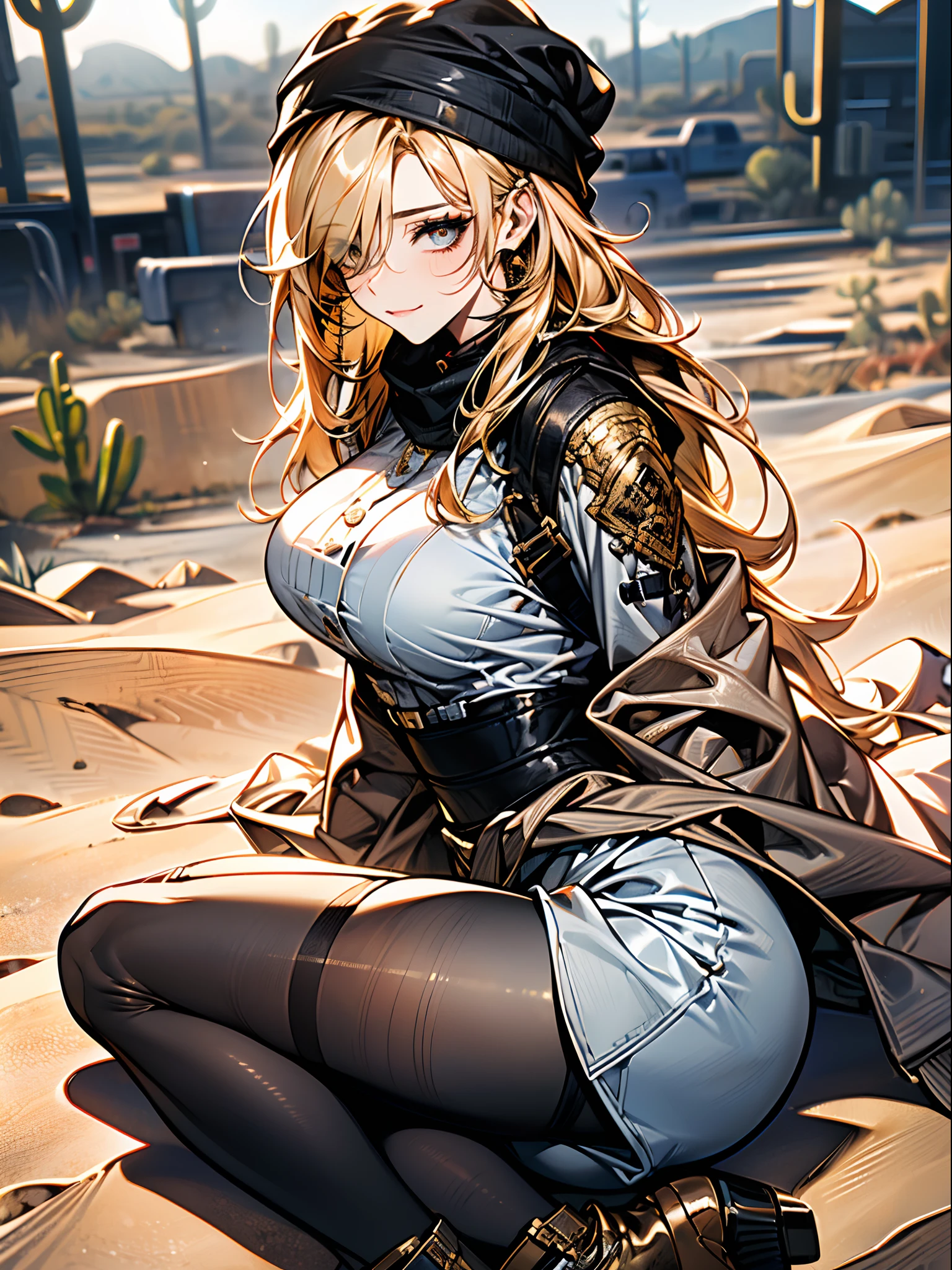 ((in a desert:1.5)), a matured woman with long hair and a white outfit, (resting in oasis:1.2, sitting), Arabic, Post apocalyps, from arknights, artwork in the style of guweiz, bodyesbian, fine details. girls frontline, beautiful anime illustration, from girls frontline, by Yang J, stunning, 26 years old, (solo:1.5), (sfw:1.25), sagging breast, large breasts, big tits, thin waist, big ass, Raised sexy, (dark mahogany medium long hair, updo, hair over one eye, asymmetric hair, Carly hair, low tied),(musulman, Headscarfs, hair bands, head vandage, Turban), (ultra high resolution, 8K RAW photo, photo realistics, weak outline:1.3, clear focus), best qualtiy, natural lighting, blurry back ground, field depth, (Bright pupils, detailed beautiful eyes, high detailed face), Red lip, looking at viewers, (tight focus:1.2, from above), sexy posing, seductive weak smiling, center image, (wearing white long jacket and clothes, wearing short pants, gold ornaments, white clothes rolling around waist, camel-brown long leather boots, translucent lace pantyhose), ((correct anatomy:1.5)), ((outdoor:1.2)),