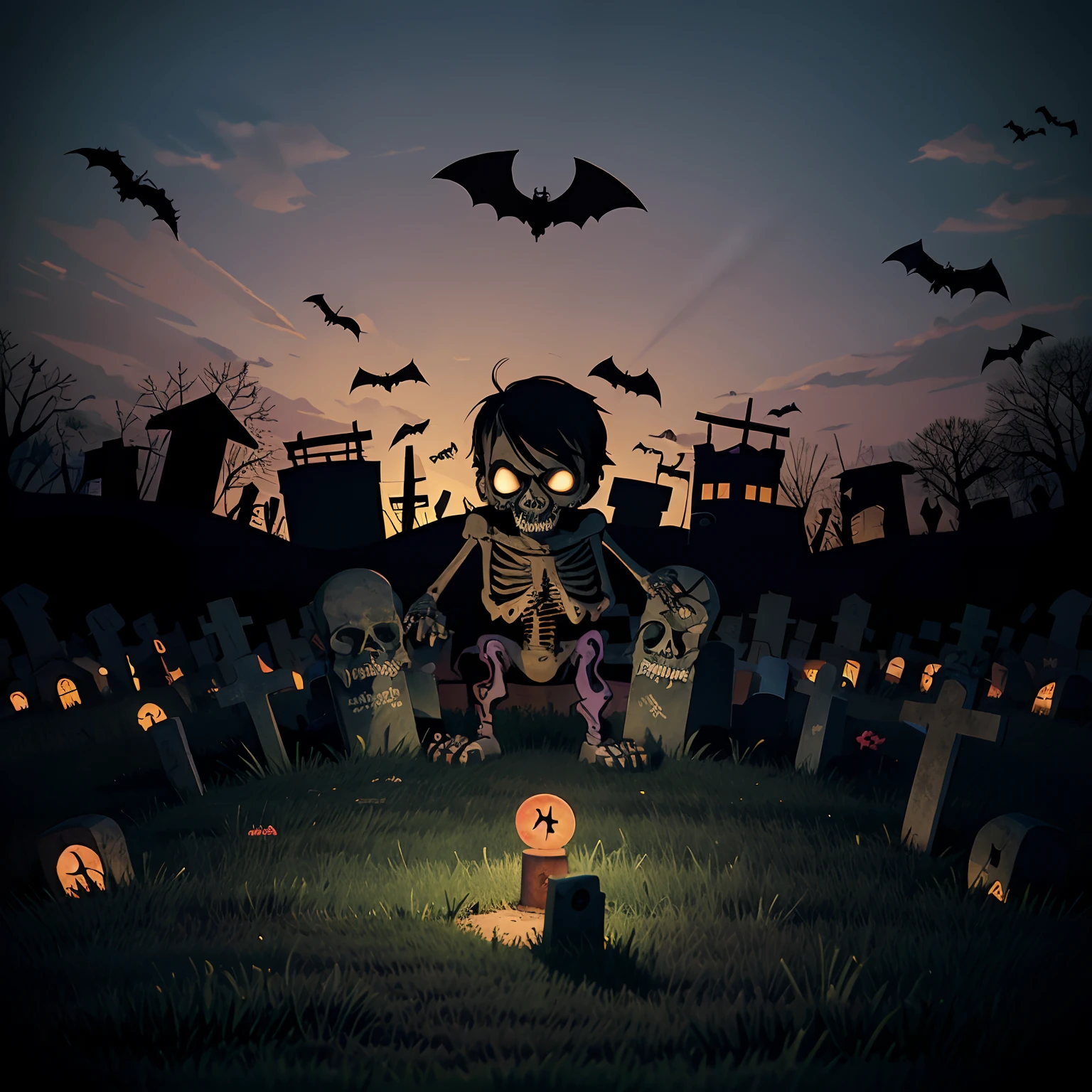 kids illustration, Zombie, with a graveyard, skeletons and bats
cartoon style, thick lines, low detail, vivid color -ar 85:110