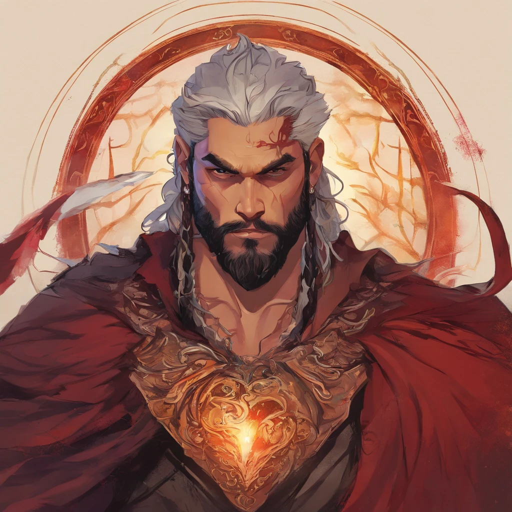 A man with blood-stained white hair with a chain around his neck holding a glowing heart, male vampire of clan banu haqim, Retrato de Hades, Retrato pintado de Zeus acidentado, Marcos Silvestri, Mórbio, Hades, Directed by: Isidore Kršnjavi, Directed by: Roman Bezpalkiv, Jason Momoa como Conan, Enigma infernal, Berserker Potrait