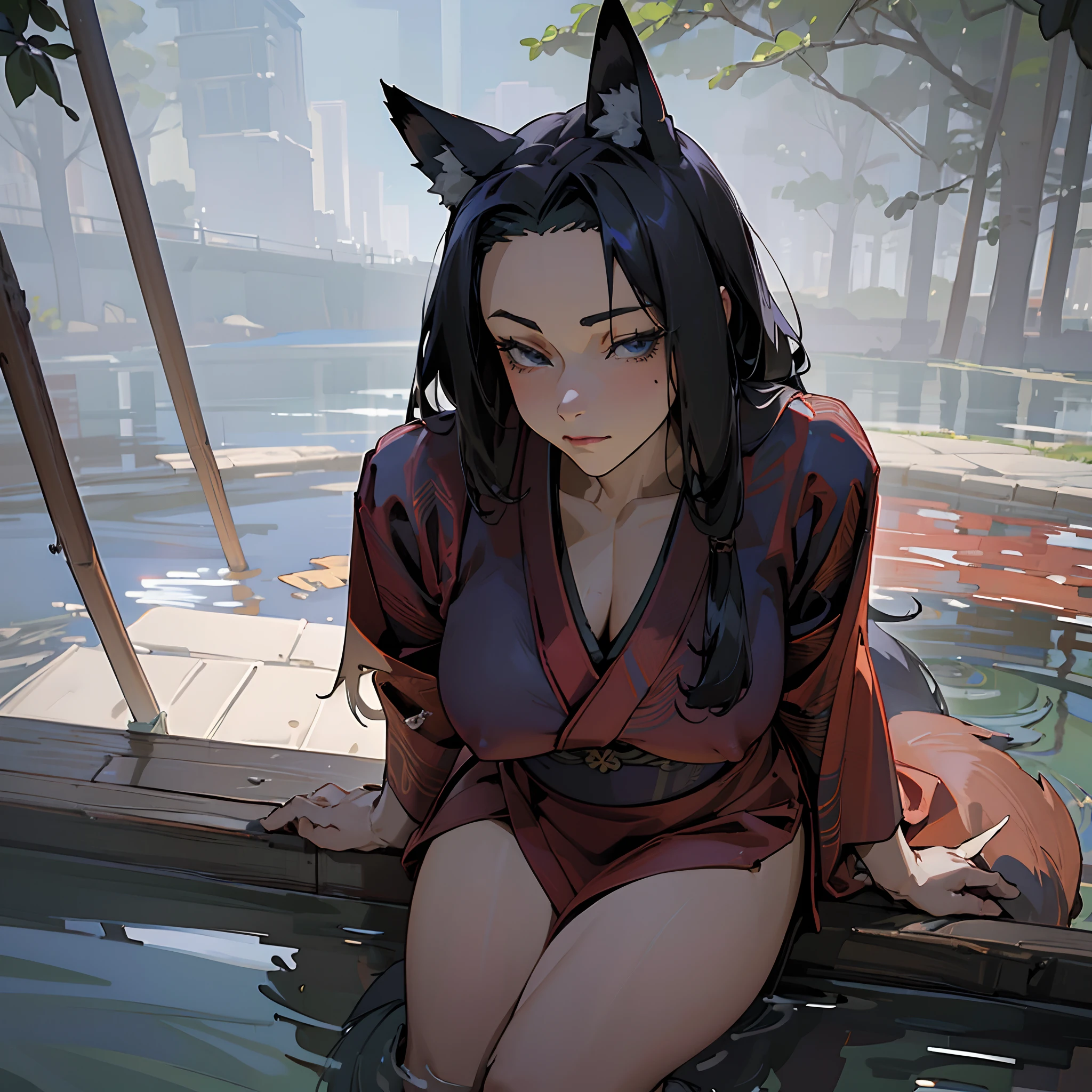 ((masterpiece)),((high resolution)),((best quality)),extremely fine and beautiful, super fine illustration, realistic skin, (insanely detailed anime eyes, eyes focus, face closeup), beautiful detailed girl, supple breasts, front view, facing at viewer, black hair, (Suspicious:1.2), (see-through:0.2), covered, hair covering breasts, covered breasts, covered legs ((black hair)), (very long hair), ((fox ears)), blue eyes, profile, (sophisticated red kimono:1.4), (Obi:1.0), (((dark voluminous fox tail))), (medium-large breasts:1.4), (plump thighs), (muscular:1.6), (wide hips), shallow frown, movie lighting, perfect shadow, realistic lighting shaded, (sitting), (medieval fantasy fountain scenery), 1girl, milf, mature female