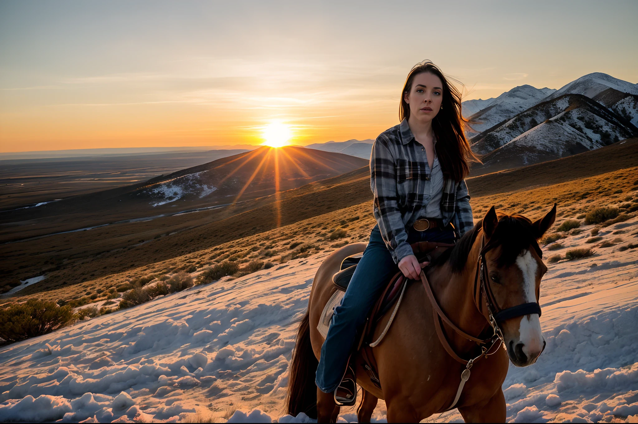 Photo of Angela White ((a character)) (25 years old) | wearing feminine cowboy clothes (jeans outfit, plaid shirt) ((loose and silky hair, piercing blue eyes, skin texture, enigmatic countenance, slender body, divine proportion)) | Riding a Mustang Horse | Alabama Hills Location ((mountain with snow in the background)) | natural light, divine rays, cinematic quality, cinematic frame, cinematic filters, maximum sharpness, sunset tones, vivid colors ((HDR)) ((Arri Alexa 35 8k))