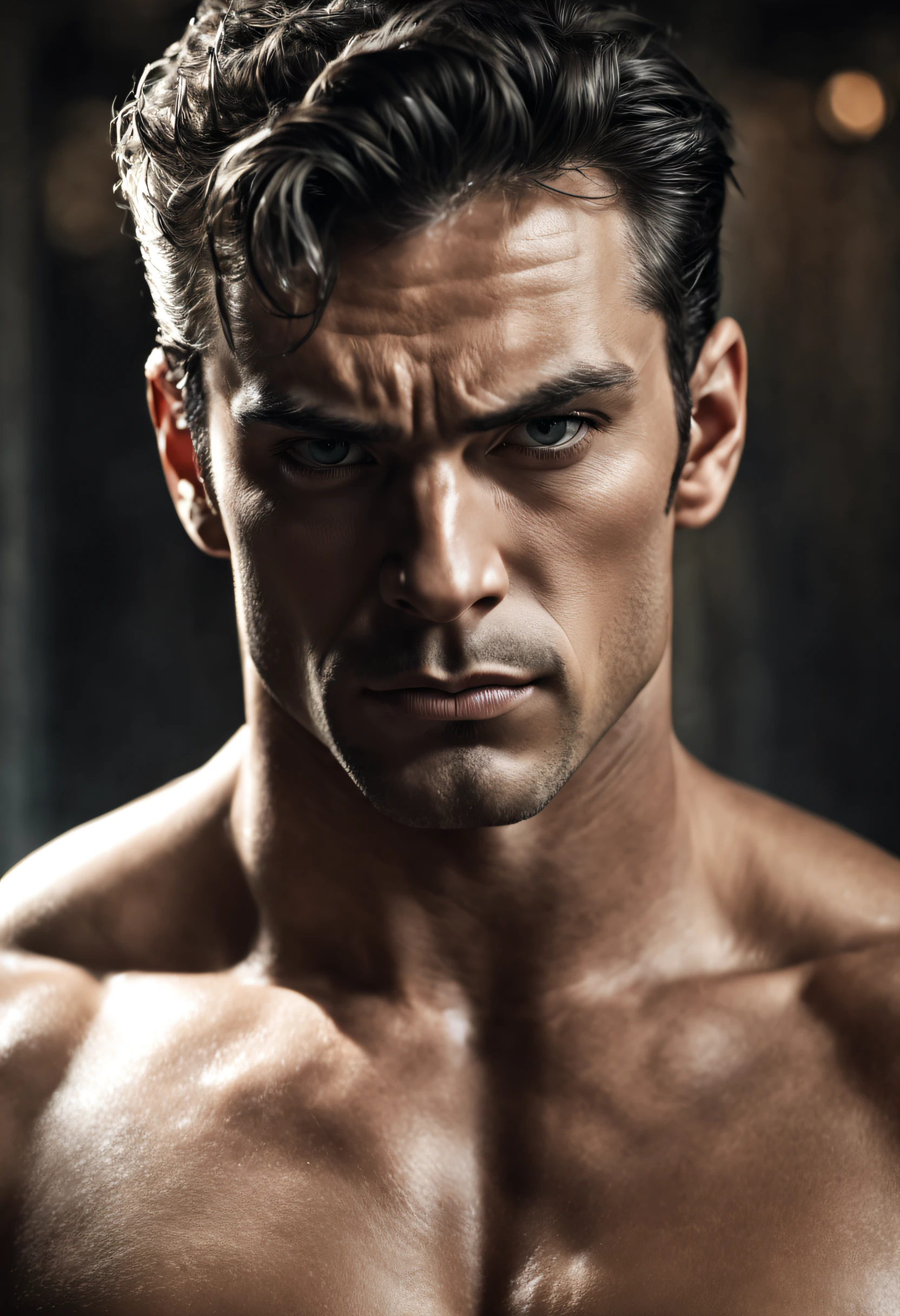 Photo RAW portrait handsome super man, piercing gaze, high quality textures, high quality shadows, high detail, beautiful detail, fine detail, extremely detailed computer graphics, detailed textures, realistic faces, atmosphere of fear and unease, sensual moment from the point of view of someone in a close embrace with a sexy, muscular man