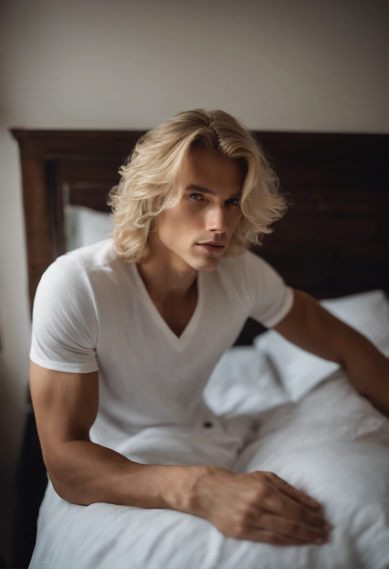 Blanc, Jeune homme aux cheveux blonds clairs, Yeux clairs torse nu. Fort dans la chambre, avec lit, Windows, En plein jour. costs.