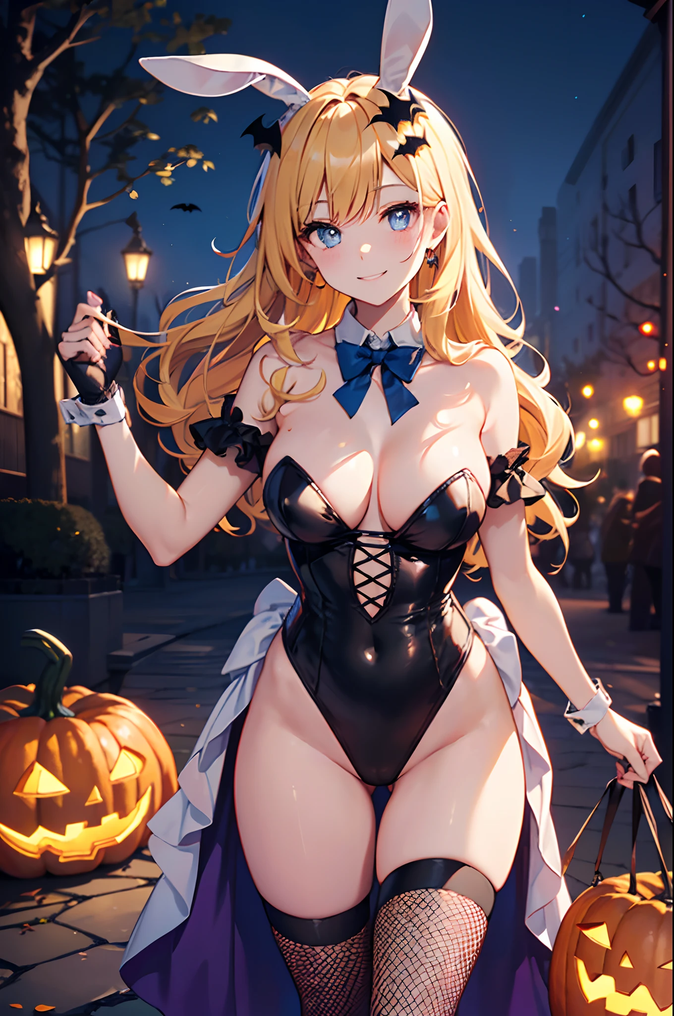 (Official art、Best Quality、Unity 8k Wallpapers、32K、masterpiece、ultra-detailliert、超A high resolution、realisitic、Photorealsitic:1.2)、(Cinematic lighting:1.2)、Fireglow effect、film grains、Best Shadows、(Ultra-detailed and complex 3D rendering)、Detailed beautiful face and eyes、Realistic pupils、Sharp pupils、A slender、Medium bust、(Full body:1.2)、side lights、 Highly detailed background、(super detailed skin、detailed skin textures:1.3)、(Close-up of a group of carved pumpkins in the park, jack-o-lanterns, Pumpkin glowing under the tree, Halloween atmosphere, Halloween Scene, jack - o'- lantern, pumpkins, Evil spirits walk around with lanterns, halloween celebration, Halloween, Spooky and scary atmosphere, halloween theme, Halloween Decorations, halloween night, shutterstock, trick or treat, edited、Very colorful、Vivid Color)、shinny skin、 20-year-old beauty、Beautiful wavy platinum blonde hair、 Blue eyes、beauitful face、Playboy Bunny Girl、High-cut leotards、a bow tie、Cuffs、Wearing fishnet stockings、Black rabbit ears、Ghost pumpkin hair ornament、with a rabbit tail on the buttocks,,,,,,,,,,,,,,,,,,,,,,,,、Holding a haunted pumpkin in both hands、Bring your arms forward、(Happy expression on face、Naughty smile:1.2)、dynamicposes