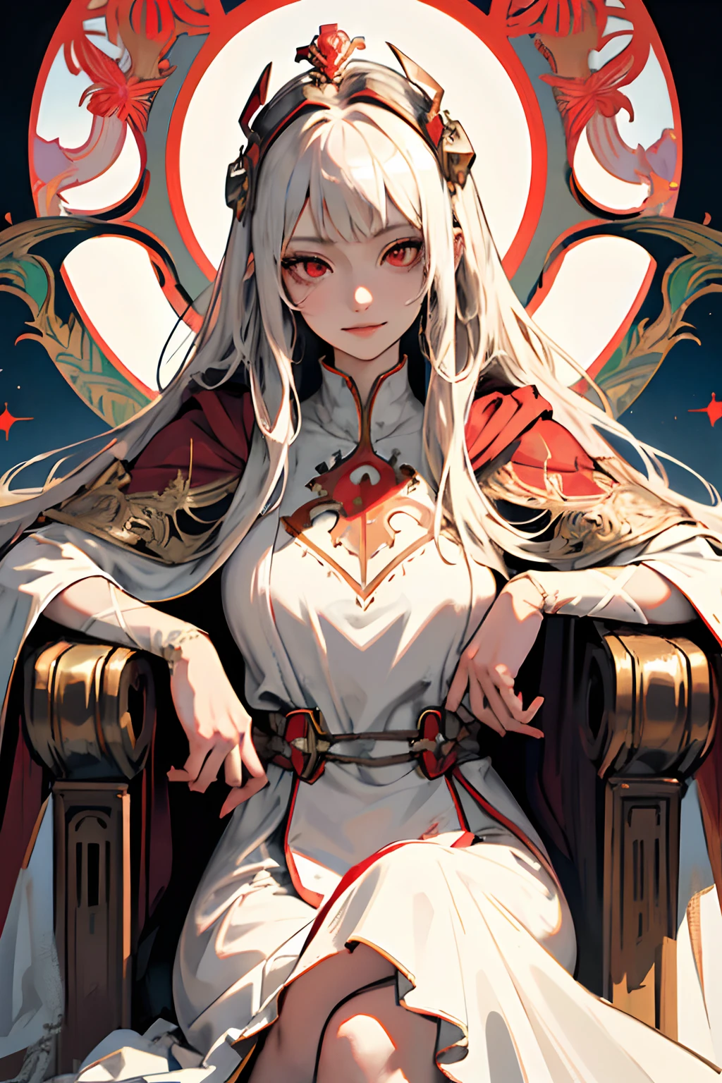 (Masterpiece, Best quality), 1girll, Solo, (empress:1.15), platinum blond hair, Long hair, (Red cape), curtain, White dress, queen dress, aurora, (Sunshine, sky, River, forest), Expressionless, Red eyes, Very long hair, (Art Nouveau:1.2), Alphonse Mucha, head gear, (Face focus, Upper body), Sit, (Red Throne:1.12), head gear, Cross ed leg, highly intricate detail, Realistic light, Smile