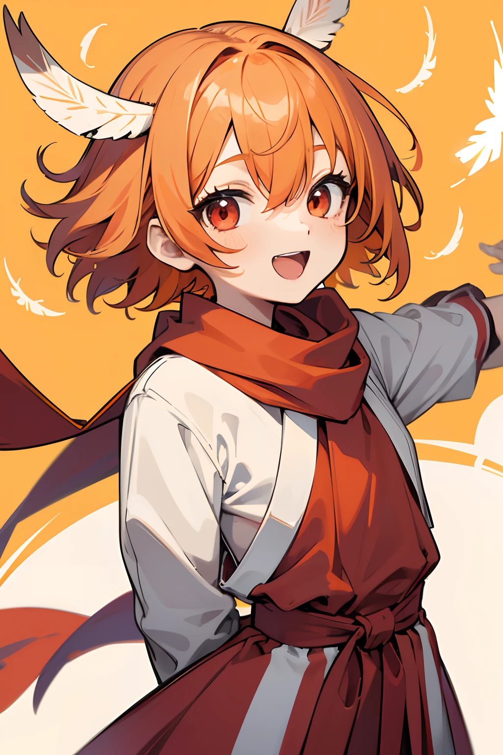 1girl, solo, li, smlight orange hair, short hair, bob cut, messy hair, hair between eyes, ((feather hair accesories)),, red eyes, mono color clothes, red bloomers, red shirt, red karate uniform, karate uniform, ((fur trimmed scarf)), smile, happy, open mouth, arms behind back, upper body, close-up, colorful, color streaked background, masterpiece, illustration, 8k,