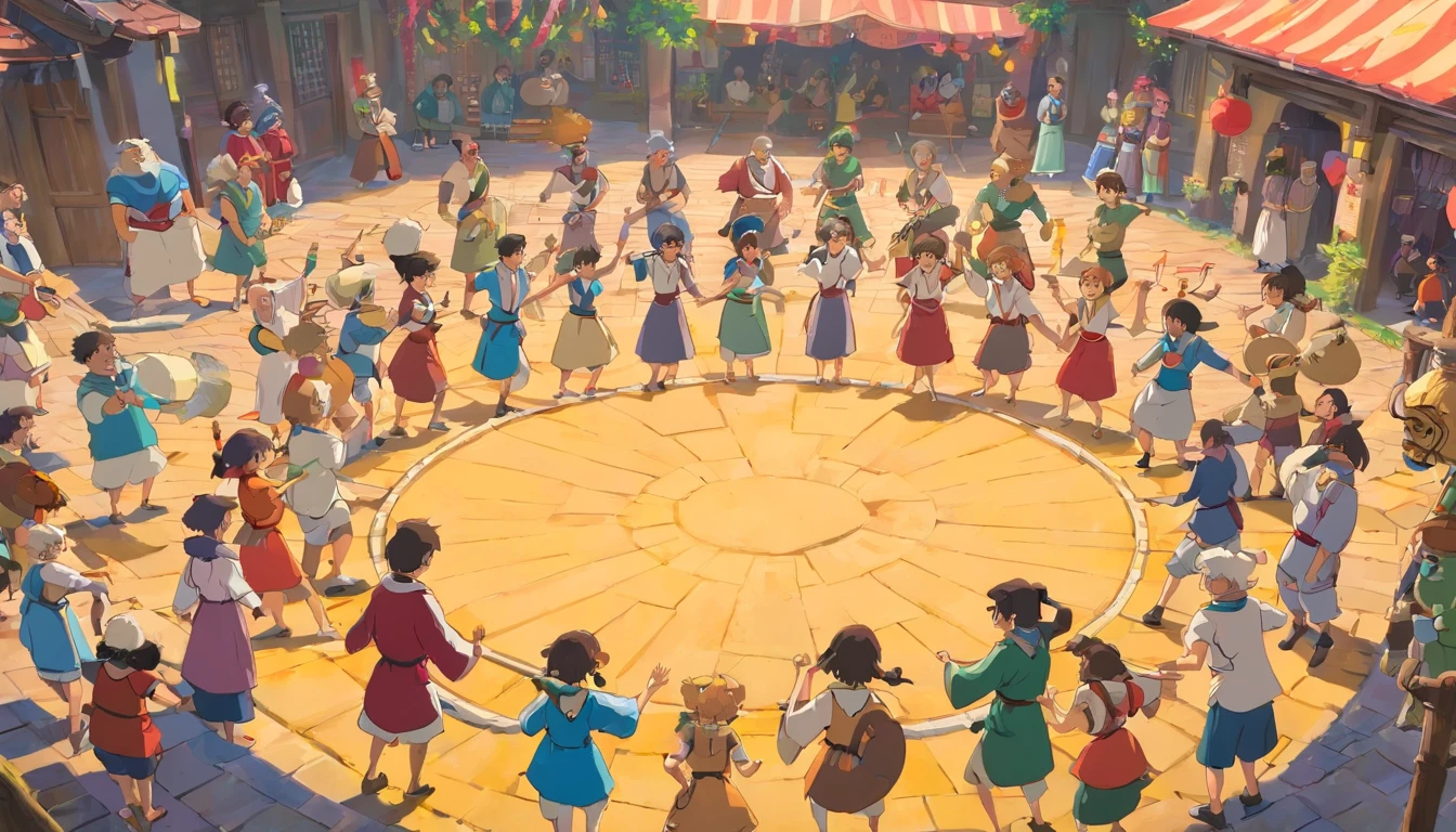 A large number of people beat wooden drums together in the square,Form a big circle,Dance