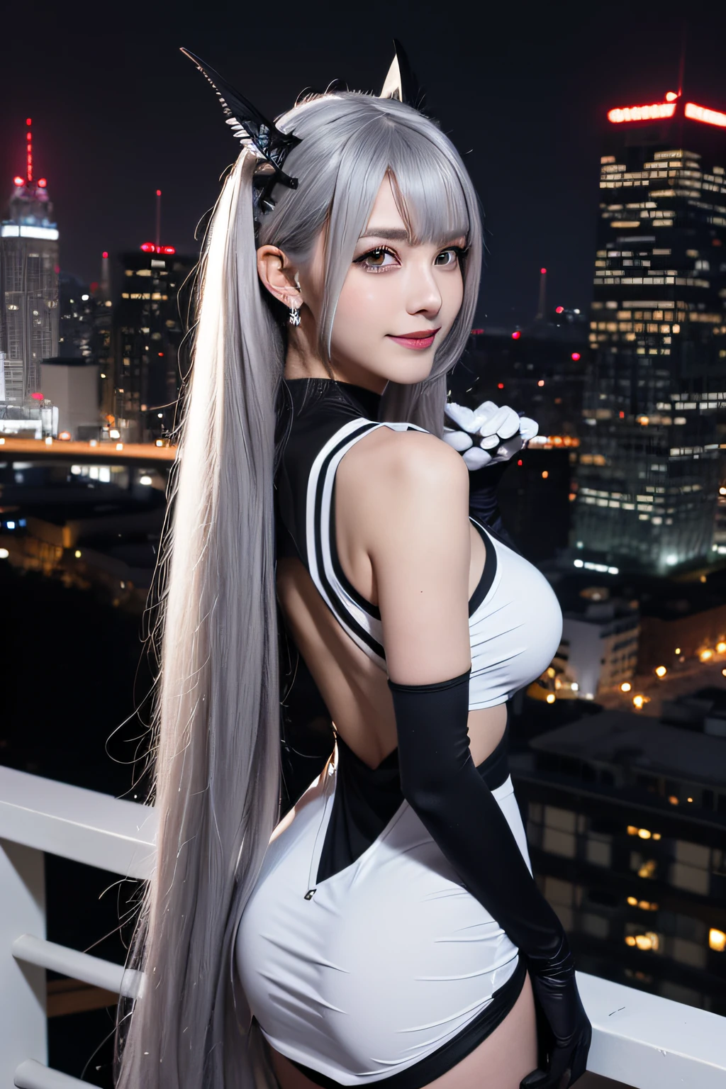(Realistic painting style:0.9), masutepiece, Best Quality,  absurderes, Looking at Viewer, Solo, bronya zaychik (silverwing n-ex), bronya zaychik, Red pupils, 1girl in, Solo, breasts, Long hair, ((Female Keeper Cosplay)), Black and white costume、Grey Hair, cleavage, Looking at Viewer, Smile, Closed mouth, Bangs, grey  eyes, Jewelry, single glove, earrings,gloves, Drill Hair, hair between eye, Large breasts, twin drills, White sleeves, Hair Ornament, Single-pole drone, city, Night、Female Keeper Cosplay, Black and white costume、A smile、view from back、