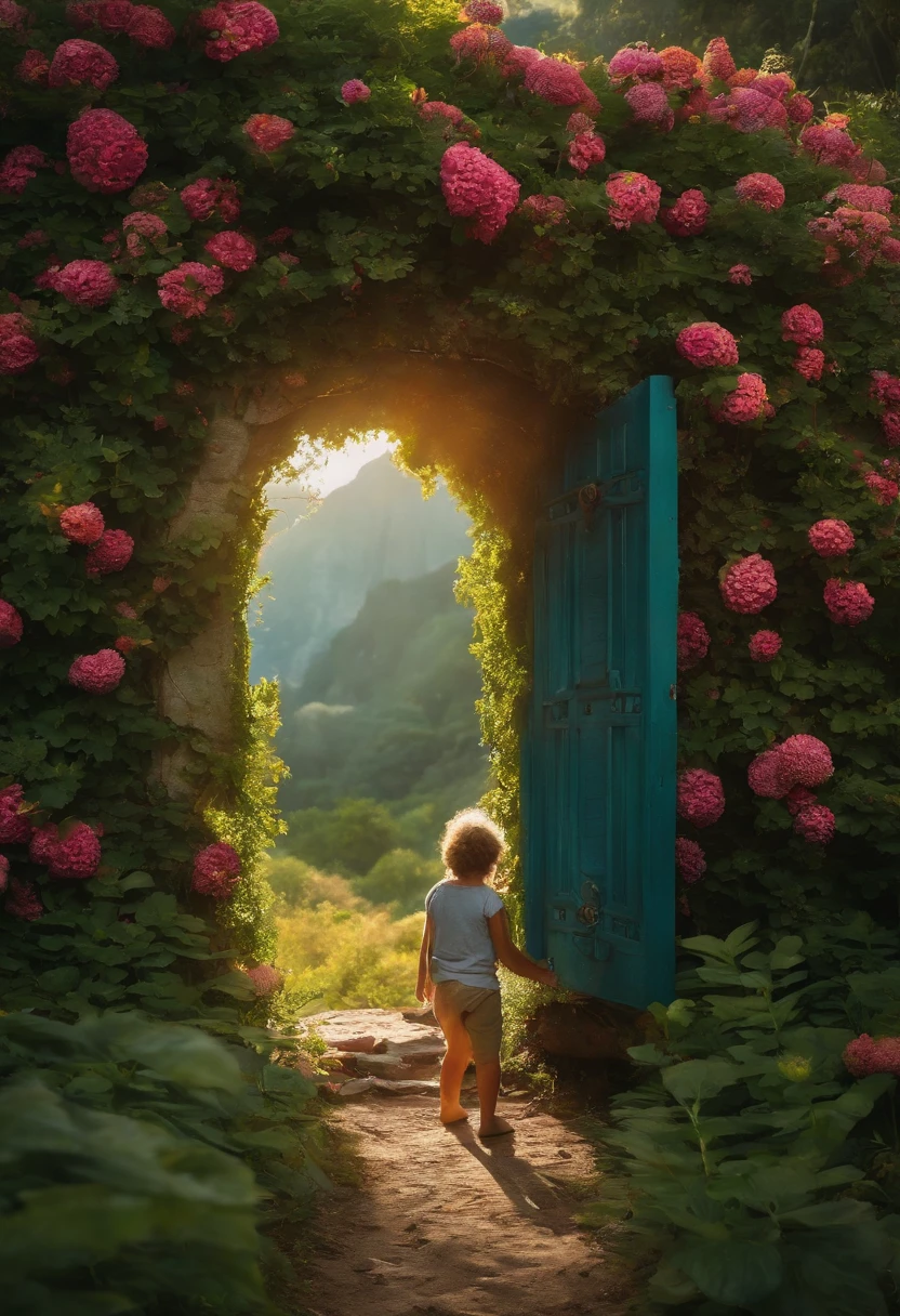 child by the big white gate sitting
sad