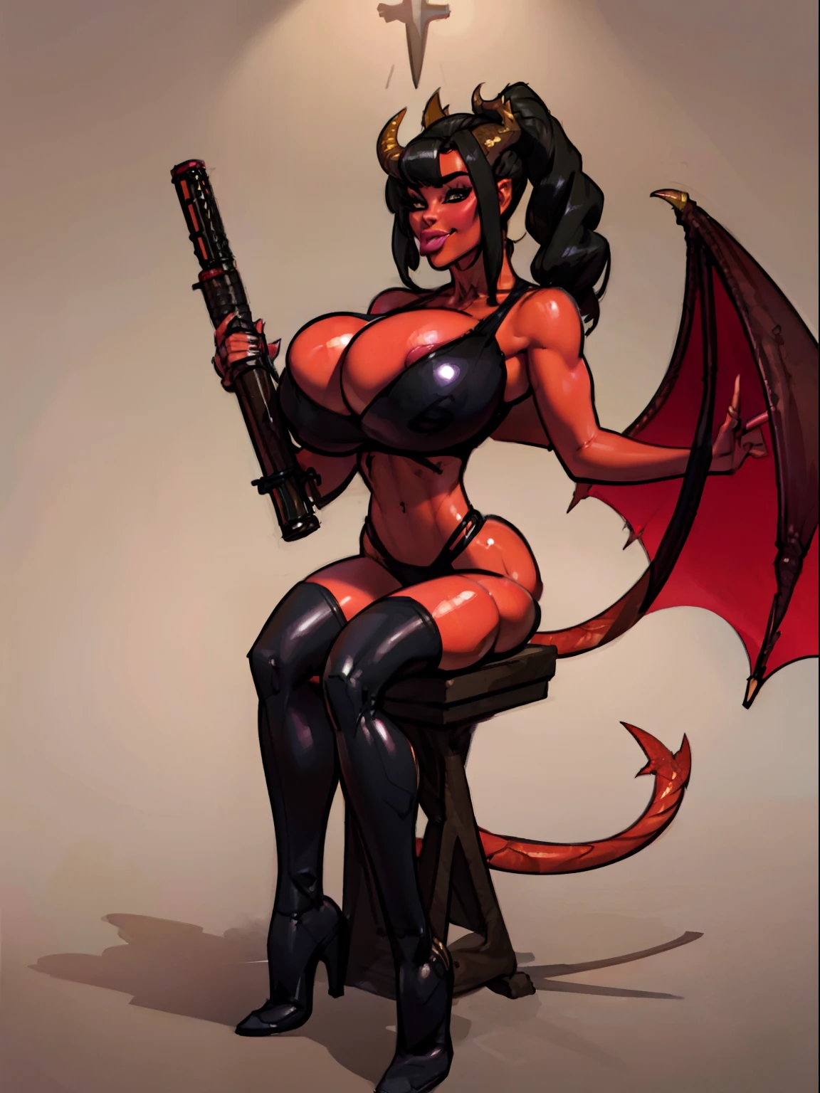 (masterpiece, top quality, best quality, official art, beautiful and aesthetic:1.2), (1girl:1.3), (black hair in big (ponytail)), extremely detailed, portrait, looking at viewer, solo, (full body:0.6), detailed background, close up, (hot medieval church theme:1.1), Tiefling, female, horns, tail, wings, long hair, tail, black hair, dragon girl, dragon horns, blood, scales, dragon wings, (((red skin), colored skin)), extremely busty Tiefling, charlatan, wicked grin, sultry smirk, forked tongue, mysterious, seducing in a cathedral, black ram horns, curled horns, curved horns, demon horns, skimpy leather (sports bra), sleeveless, fingerless gloves, claws, shotgun, ammo belt, shotgun shells, black leather, thong, thigh-high boots, bracers, boots, buckles, straps, ((((gigantic breasts, cleavage, skindentation)))), slendered abs, cute belly button, slim waist, slim hips, long legs, athletic, stained glass windows, candlelight, Medieval Europe, (((Cathedral exterior background:1.2))), dark mysterious lighting, shadows, magical atmosphere, dutch angle