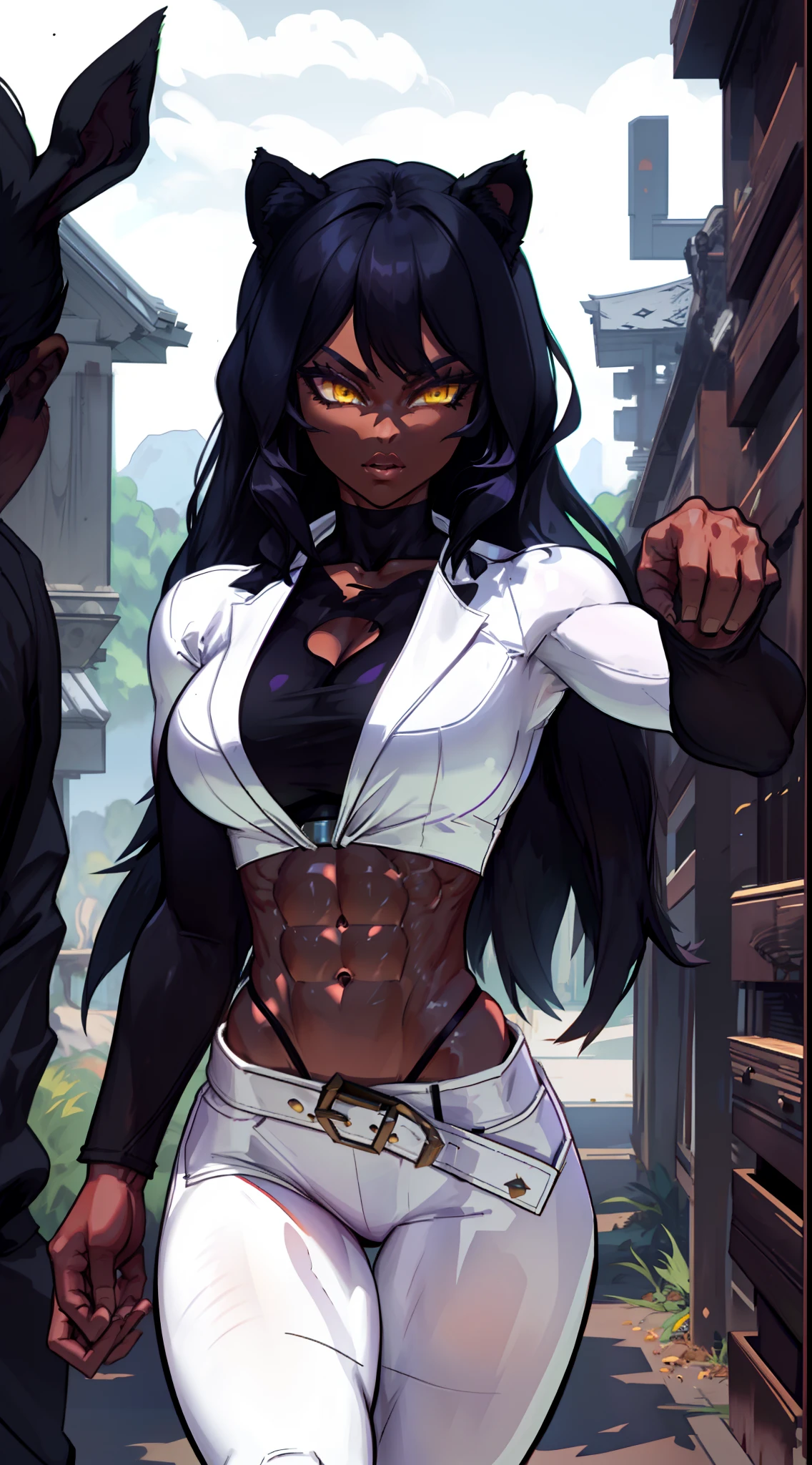 muscular ebony skinned blake belladonna with large breasts in a martial artist combat pose while being in a forest, animal ears, ((very dark-skinned belladonna:1.2)), halterneck, with long black hair and cat ears, female, bangs, (yellow eyes:1.3), saiyaness, saiyan, ((monkey tail for belladonna)), monkey tail wrapped around waist, wearing white jacket, open clothes, exposed midriff, midriff, wearing a pair of ripped white shorts with black leggings, soft lineart, cowboy shot.