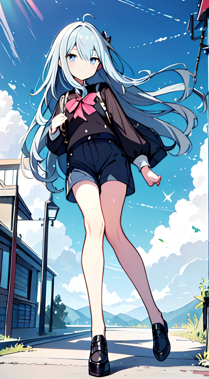 masuter piece, Best Quality,32K、Wallpaper, ultra -detail, Absurd beauty, 1beautiful girl、Big crisp eyes、Hair fluttering in the wind、Slender legs、Smaller head、miscievous smile、Angle looking up from below:1.3、♡♡♡、Poses in motion、shortpants