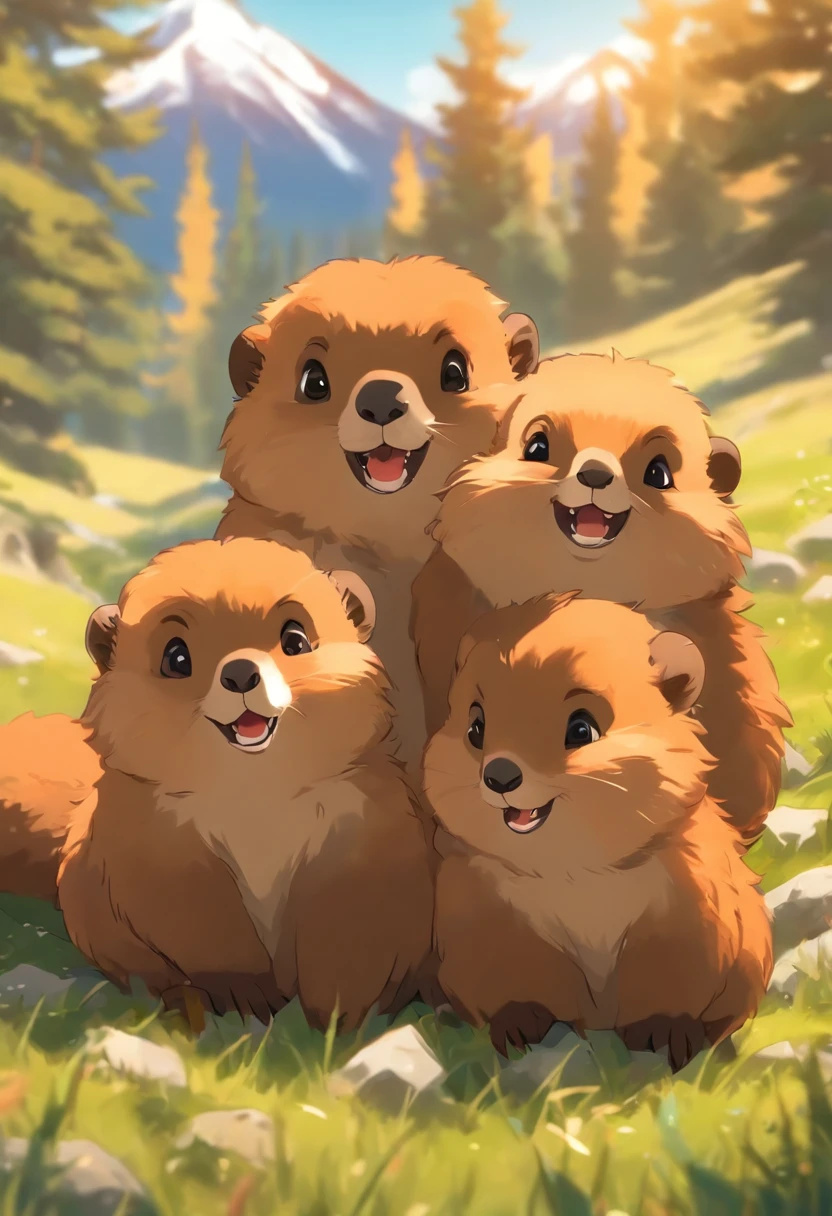 (best quality,ultra-detailed),lots of mountain marmots,breathtaking landscape,playful,curious expressions,soft fur,glistening eyes,natural habitat,green grassy meadow,majestic snow-capped peaks,warm sunlight,harmonious composition,vibrant colors,lively atmosphere,picturesque scenery,clear blue sky,peaceful environment,unforgettable moment,close interaction,endearing poses,joyful gathering,social creatures,community bonding,adorable family dynamics,favourite for photography enthusiasts,happy memories,abundant wildlife,living in harmony with nature,wilderness adventure,appreciation for the small joys in life.
