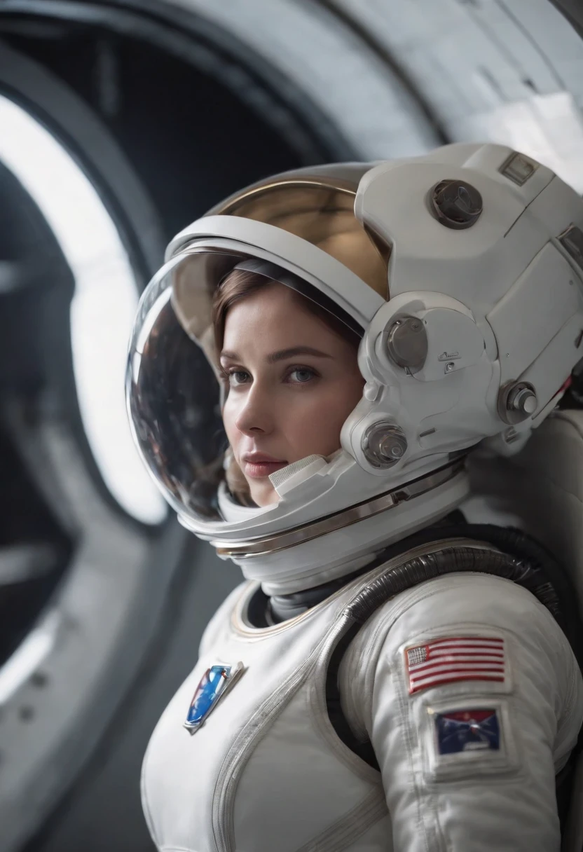 arafed woman in a space suit looking at the camera, in spacesuit, movie still of the alien girl, portrait of an ai astronaut, with a space suit on, woman astronaut, 8 k movie still, beautiful woman in spacesuit, portrait armored astronaut girl, wears a spacesuit, wearing a spacesuit and helmet, wearing a space suit