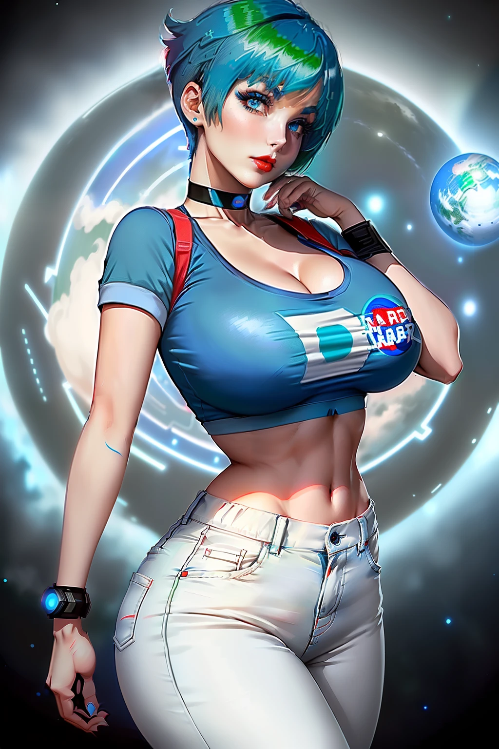 ((Earth-chan character from internet)) ((beautiful face)) (red lipstick) ((big bright eyes)) ((short blue and green hairstyle)) ((very huge breasts)) (perfect slim body) ((wears white shirt with nasa logo and short low cut pants)) ((choker)) (high resolution dynamic lights and shadows) ((masterpiece)) (8k) (perfect face) (best quality) (perfect hands and eyes)
