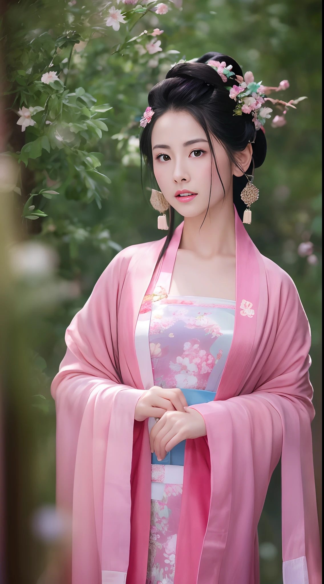 Fashion model 18 years old [[[[closeup cleavage]]]], [[[[boobgasm]]]], [[[[coll]]]], [[[[bshoulders]]]], perfect  eyes, Perfect iris，Perfect lips，perfect teeth，Perfect skin，with fair skin，hdr，Movie girl，Pink ancient Chinese clothing，A delicate face，The background is an ancient Chinese interior，Outside the window is a mountain of green trees，fresh flowers，4K Ultra HD, 超高分辨率, (Photorealistic: 1.4), Best quality，Masterpiece，（pastel colour：1.2）