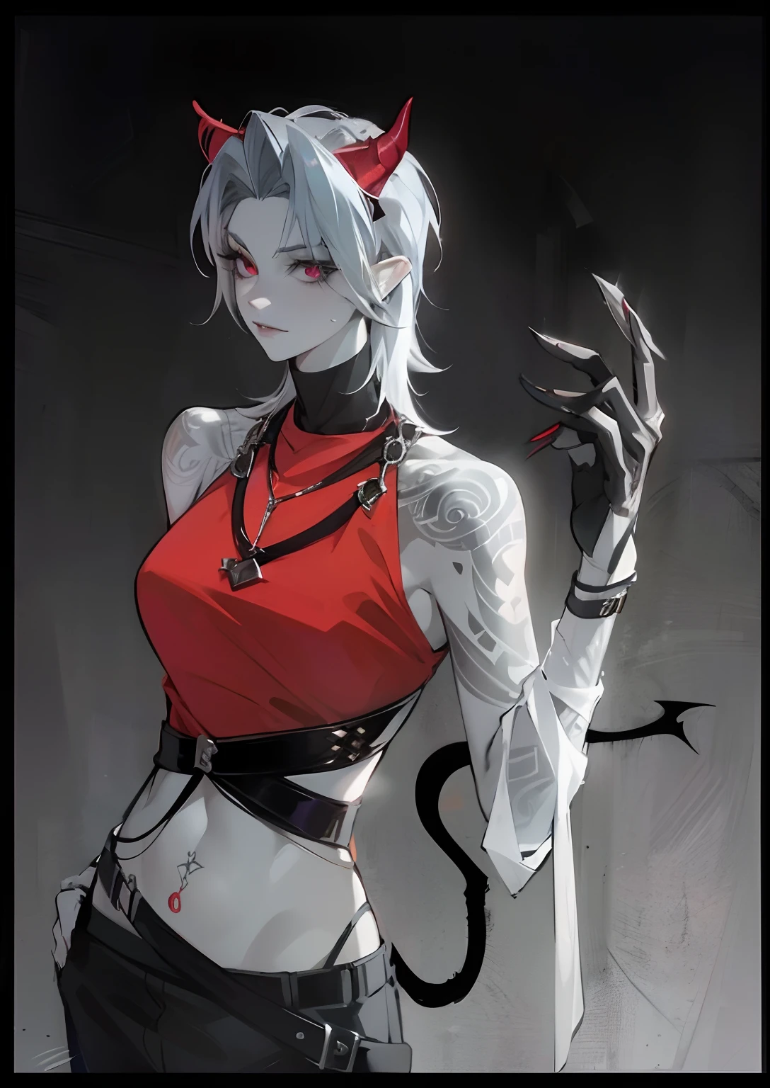 Garota anime com chifres do diabo e um top vermelho segurando uma faca, v do diabo pode chorar como um elfo, Tiefling, androgynous vampire, Demon girl, demoness, menina anime demon, succubus, Tiefling desonestos, Tiefling por D & d, tiefling female warlock, Retrato de Jinx de Arcane, Demon Slayer rui fanart, cabelo curto mullet, Tatuado, tabby abdomen, fantasia de diabinho, Halloween.