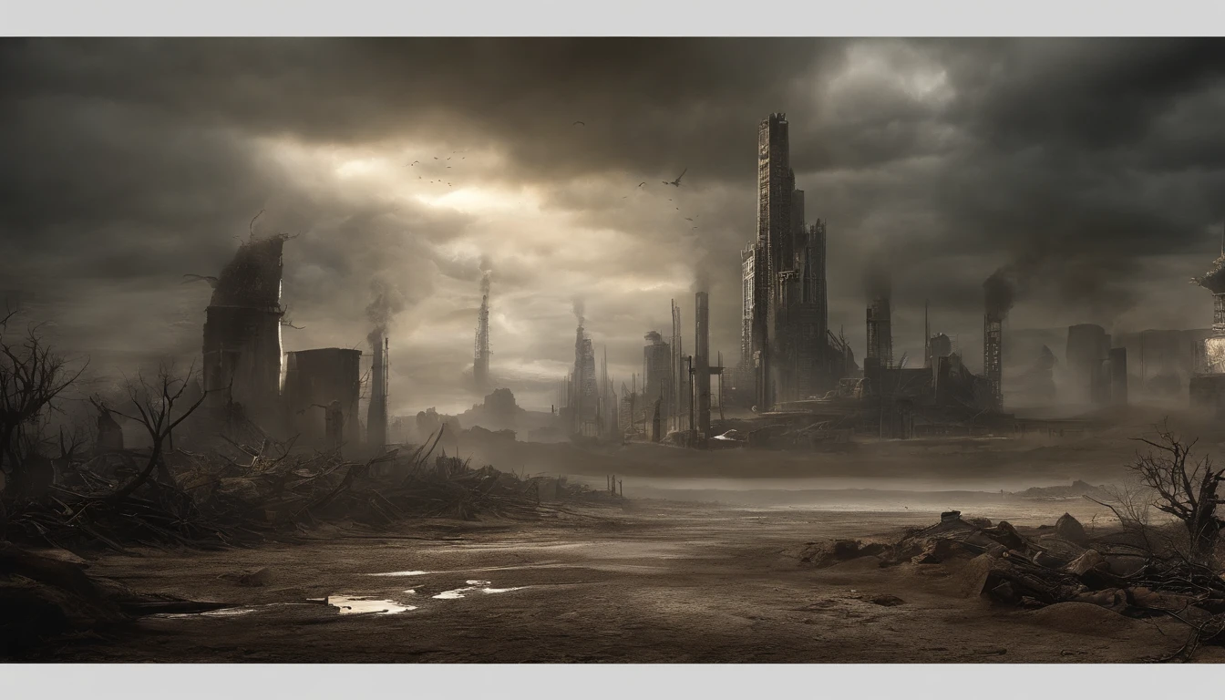 # mindmap: Desolate post-apocalyptic landscape
## description
- Unforgettable of the end of the world、Thought-provoking images
- Desolate depiction, Post-apocalyptic landscape
- Crumbling city, scorched earth, And the ominous sky
- Remnants of an abandoned human civilization
- Nature reclaiming the earth
- Subtle details suggesting the causes of the apocalypse
- convey a feeling of hopelessness;
- Leave room for a glimmer of hope or resilience
## element
- Desolate landscape
- Crumbling city
-scorched earth
- Ominous Sky
- Ruins of Human Civilization
- Nature reclaiming the earth
- subtle details suggesting the cause;
- Feelings of hopelessness
- A glimmer of hope or resilience
## Causes of the apocalypse
- Environmental disasters
-war
- catastrophic events from space;
## emotions
-fear
-awe
-reflection
- Fragility of our world
- the consequences of our actions;