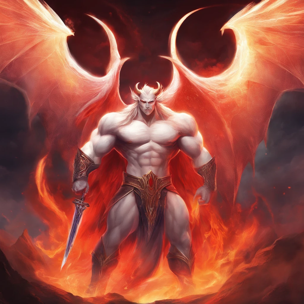 A white-haired, red-faced man is standing in the dark, demon male, djinn man male demon, Fit male demon with white horns, man male demon, male djinn man demon hybrid, human male demon, muscled humanoid balrog demon, manticore, Homem Diabo de Corpo Inteiro, Lucifer's, Fire Demon, demon hero, Demon Lord