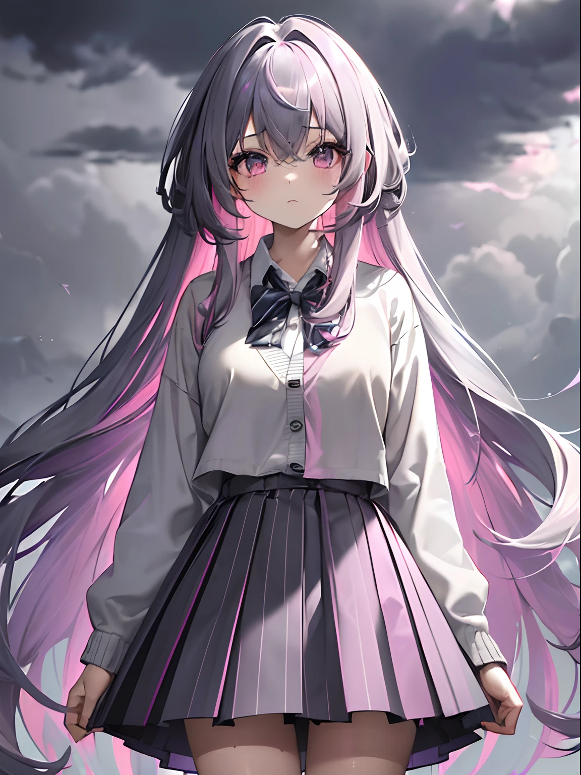 (masterpiece,best quality,ultra-detailed),1girl,very long hair,very curly hair, messy hair,(multicolored hair,pink purple and dark blue hair,striped skirt,cardigan,((grey theme)),((pastel colours theme)),in a gray wasteland covered in ashes, cloudy, grey ambient