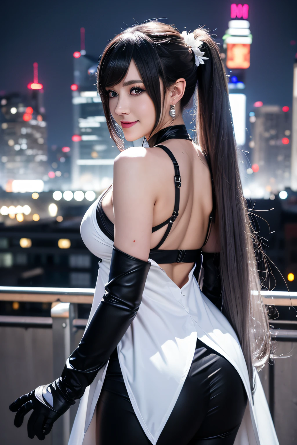 (Realistic painting style:0.9), masutepiece, Best Quality, absurderes, Looking at Viewer, Solo, bronya zaychik (silverwing n-ex), bronya zaychik, Red pupils, 1girl in, Solo, breasts, Long hair, ((Female Keeper Cosplay)), Black and white costume、Grey Hair, cleavage, Looking at Viewer, Smile, Closed mouth, Bangs, grey eyes, Jewelry, single glove, earrings,gloves, Drill Hair, hair between eye, Large breasts, twin drills, White sleeves, Hair Ornament, Single-pole drone, city, Night、Female Keeper Cosplay, Black and white costume、A smile、view from back、