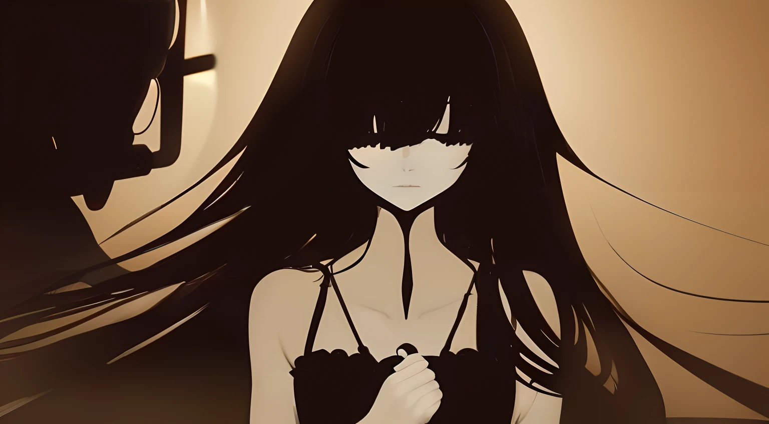 (a very delicate and beautiful）、（Maniacal）、haunted、laugh face、The human、Disgusting、canny、terrifying、独奏、（silhuette）、（、dark backgrounds、Black figure、（silhuette）、skinny  body、The long-haired、Hollow parts、Black、