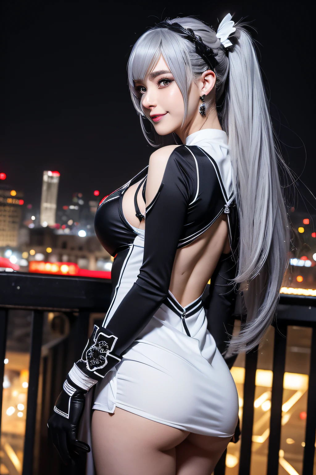 (Realistic painting style:0.9), masutepiece, Best Quality, absurderes, Looking at Viewer, Solo, bronya zaychik (silverwing n-ex), bronya zaychik, Red pupils, 1girl in, Solo, breasts, Long hair, ((Female Keeper Cosplay)), Black and white costume、Grey Hair, cleavage, Looking at Viewer, Smile, Closed mouth, Bangs, grey eyes, Jewelry, single glove, earrings,gloves, Drill Hair, hair between eye, Large breasts, twin drills, White sleeves, Hair Ornament, Single-pole drone, city, Night、Female Keeper Cosplay, Black and white costume、A smile、view from back、