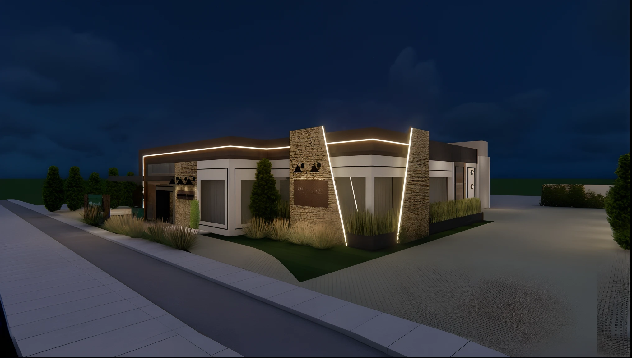 Pixar Carton 3D animation of a depiction of a modern restaurant with an illuminated façade, conceptual rendering, architectural render, night time render, 3D-rendering, 3D rendering, digital render, architectural render, architectural 3 d render, design exterior, 3 d renders, detailed renderings, a digital rendering, overall architectural design, architecture rendering, exterior grande angular 2022, professional render
