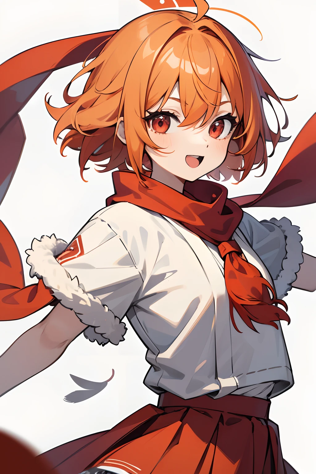 1girl, solo, , small girl, light orange hair, short hair, bob cut, messy hair, hair between eyes, ((feather hair accesories)),, red eyes, mono color clothes, red bloomers, red shirt, red karate uniform, karate uniform, ((fur scarf)), smile, happy, open mouth, arms behind back, upper body, close-up, colorful, color streaked background, masterpiece, illustration, 8k,