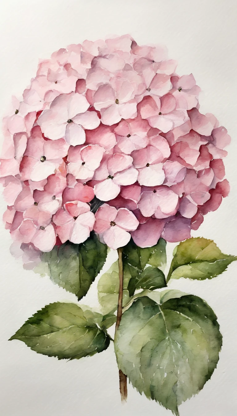 blush pink and levendre hydrangea, white background, minimalistic botanical