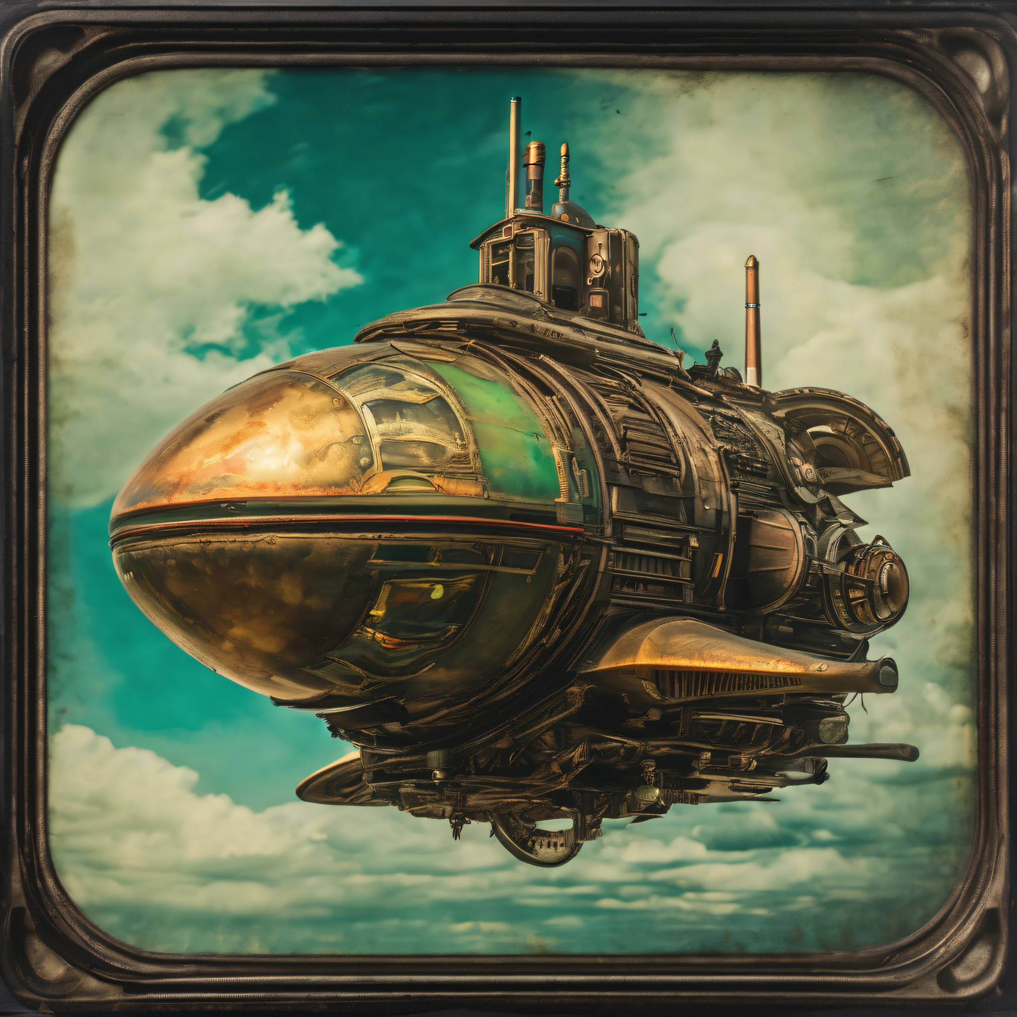 Colorized wetplate tintype vintage photo, a steampunk spaceship, vintage, poster art, poster print, raphael, caravaggio, greg rutkowski, beeple, beksinski, hr giger,