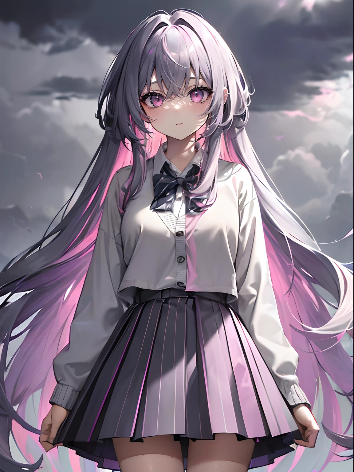 (masterpiece,best quality,ultra-detailed),1girl,very long hair,very curly hair, messy hair,(multicolored hair,pink purple and dark blue hair,striped skirt,cardigan,((grey theme)),((pastel colours theme)),in a gray wasteland covered in ashes, cloudy, grey ambient
